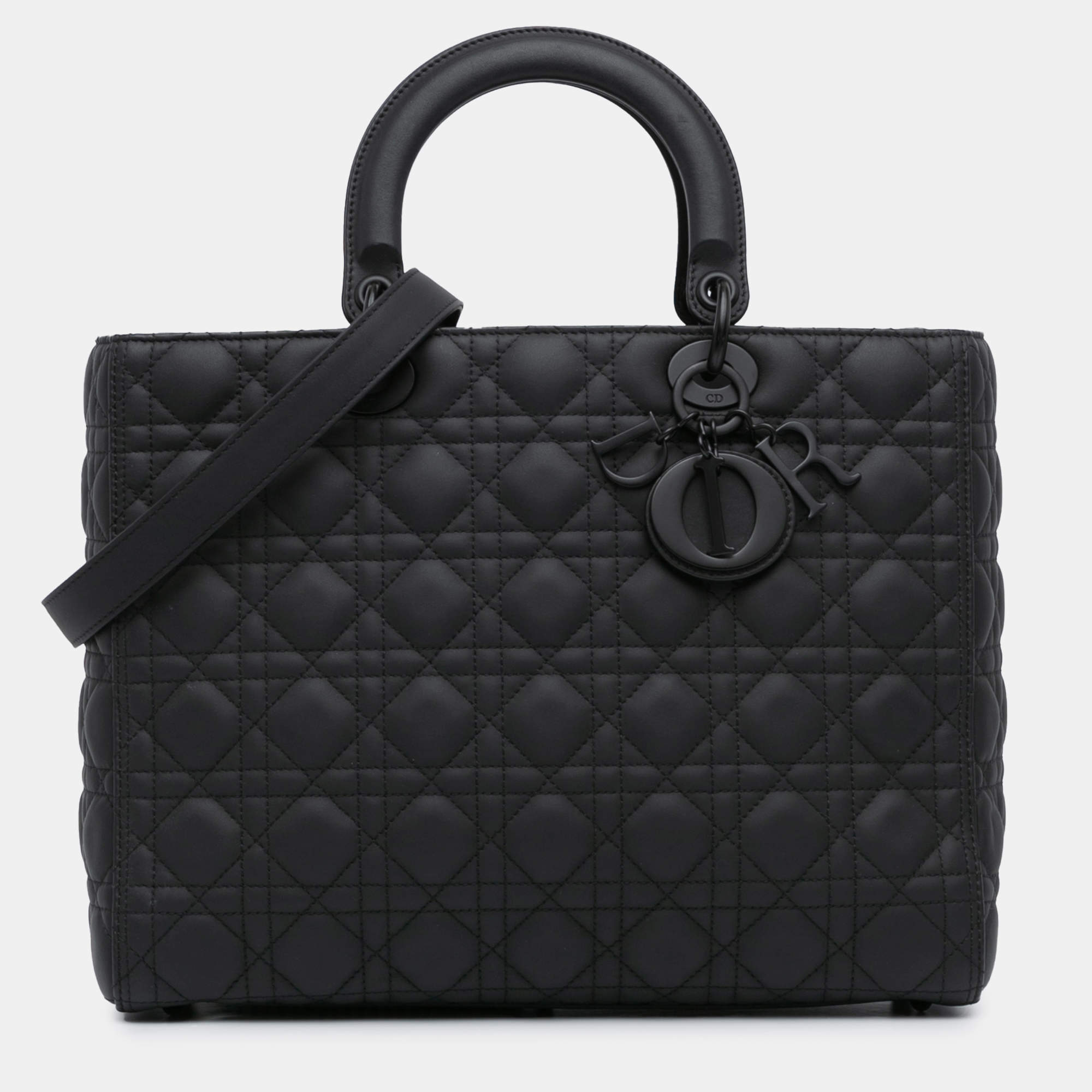 Pre Owned Dior Black Large Ultra Matte Calfskin Cannage Lady Dior