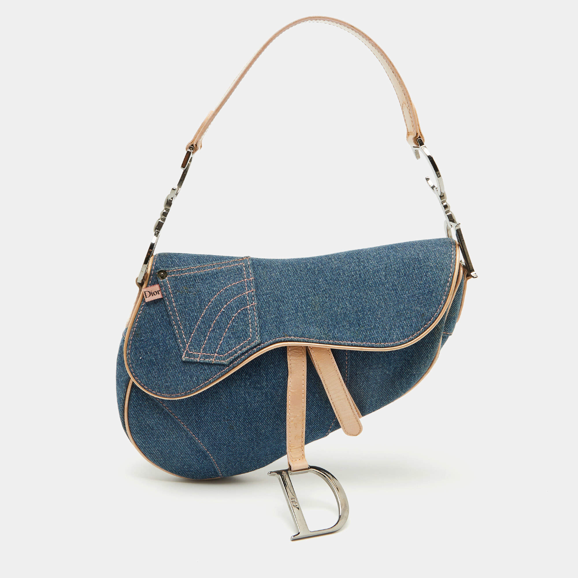 Pre Owned Dior Blue/Beige Denim and Leather Saddle Bag