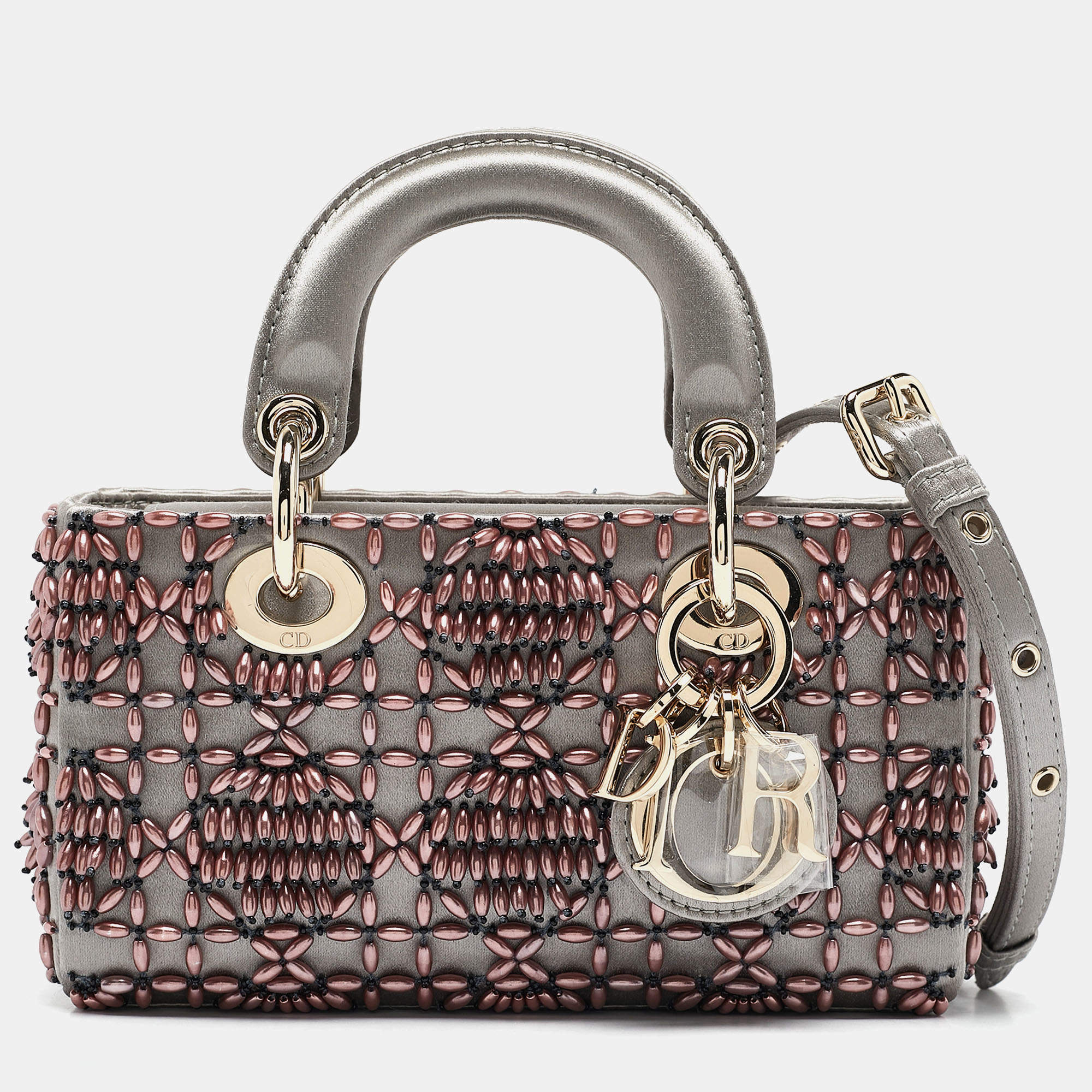 Pre Owned Dior Grey Cannage Satin Micro Beads Embroidered Lady D-Joy Tote