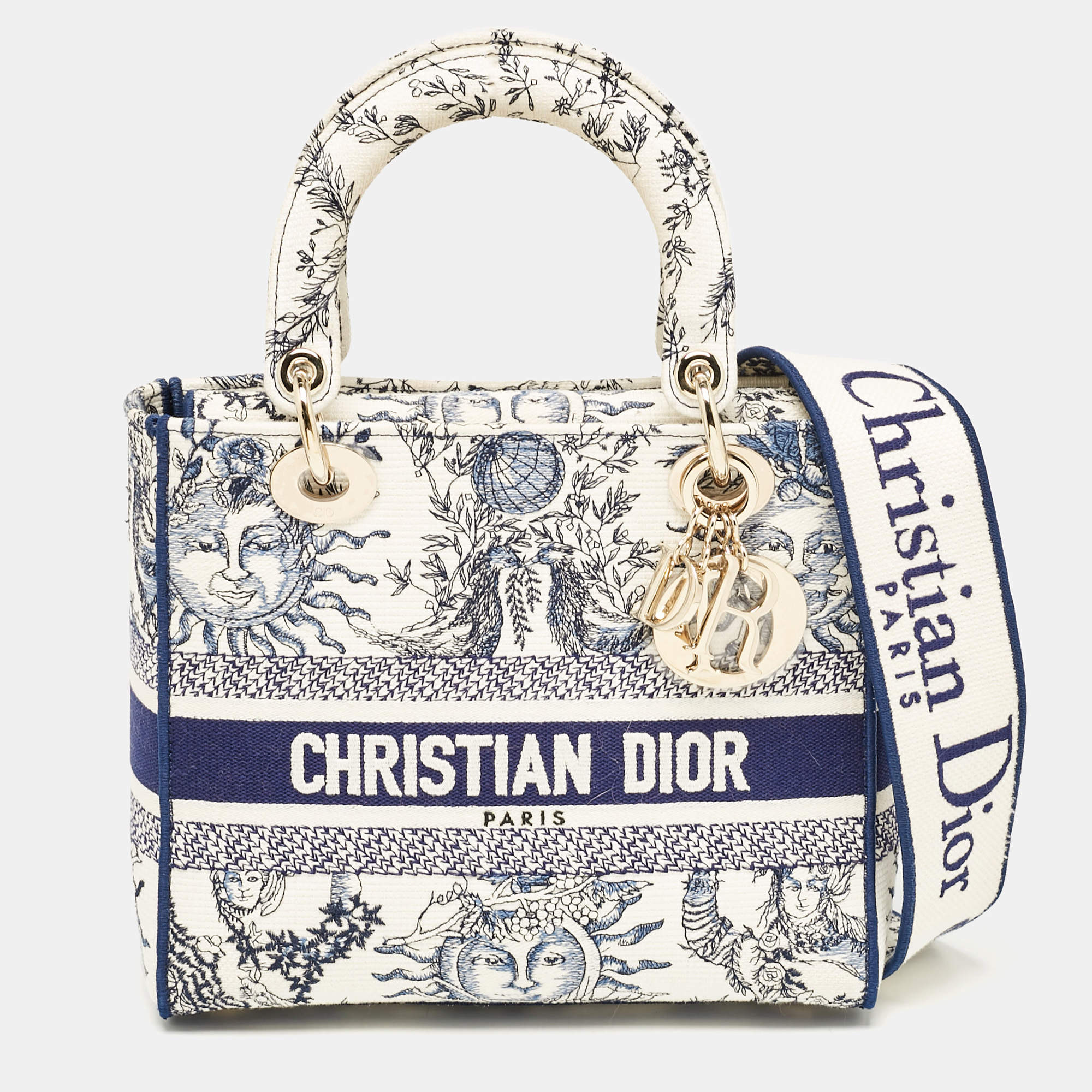 مملوكة مسبقًا Dior Navy Blue/White Embroidered Canvas Medium Toile de Jouy Lady D-Lite Tote