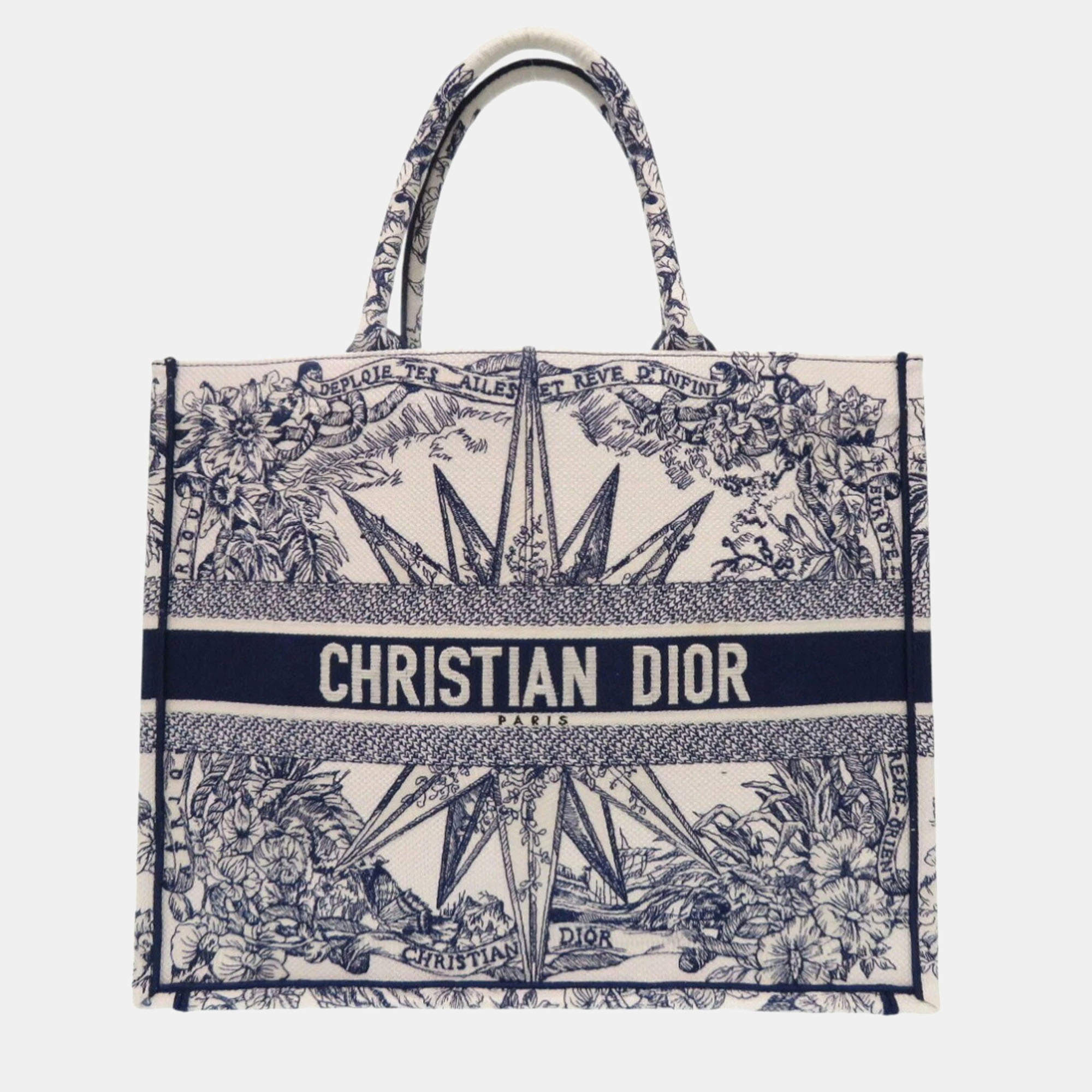 Christian Dior White Canvas Large Embroidered Book Tote Bag