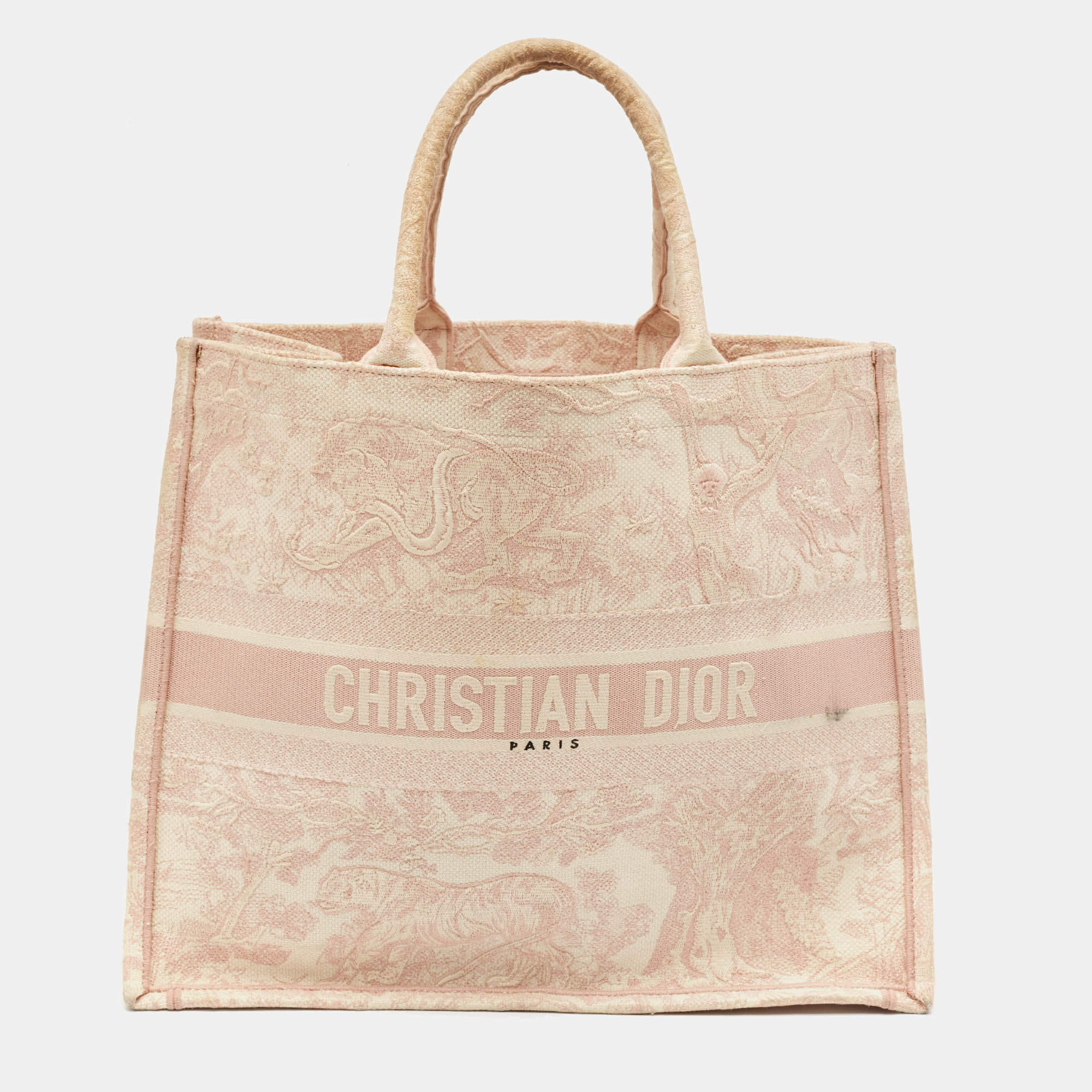Pre Owned Dior Pink/White Embroidered Canvas Large Toile de Jouy Book Tote
