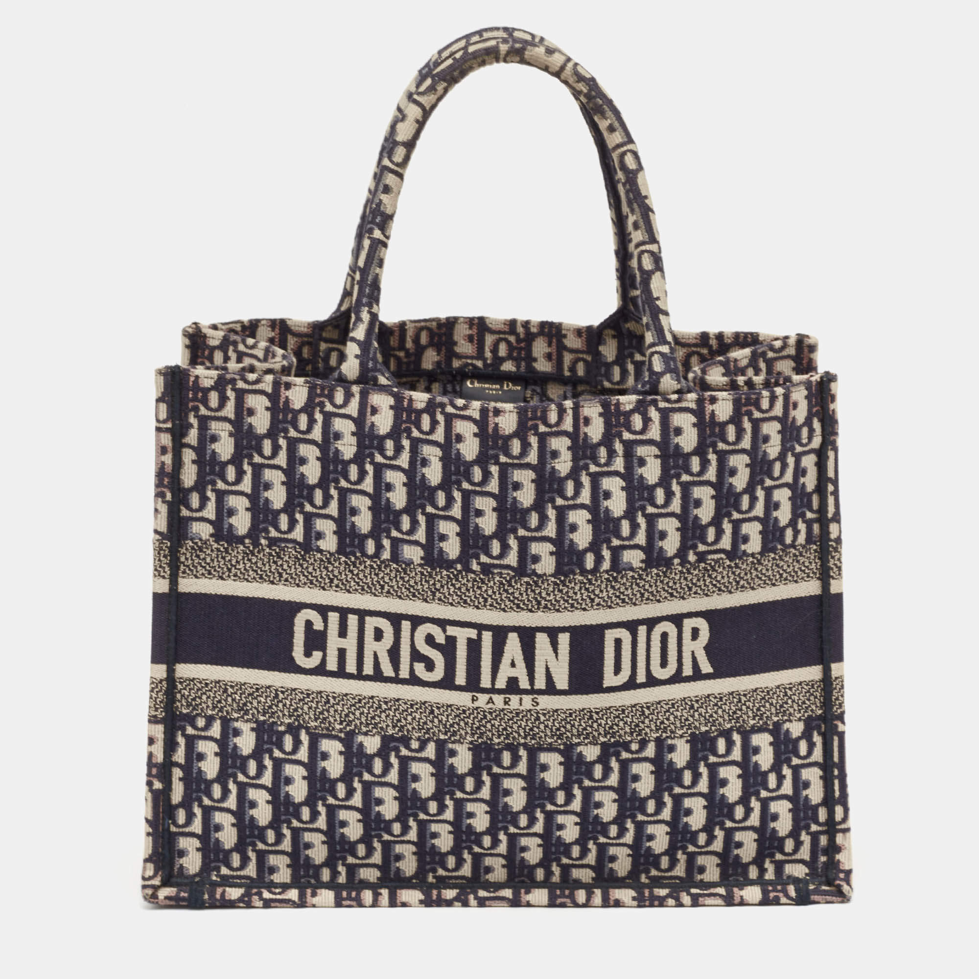Pre Owned Dior Navy Blue Oblique Embroidered Canvas Medium Book Tote