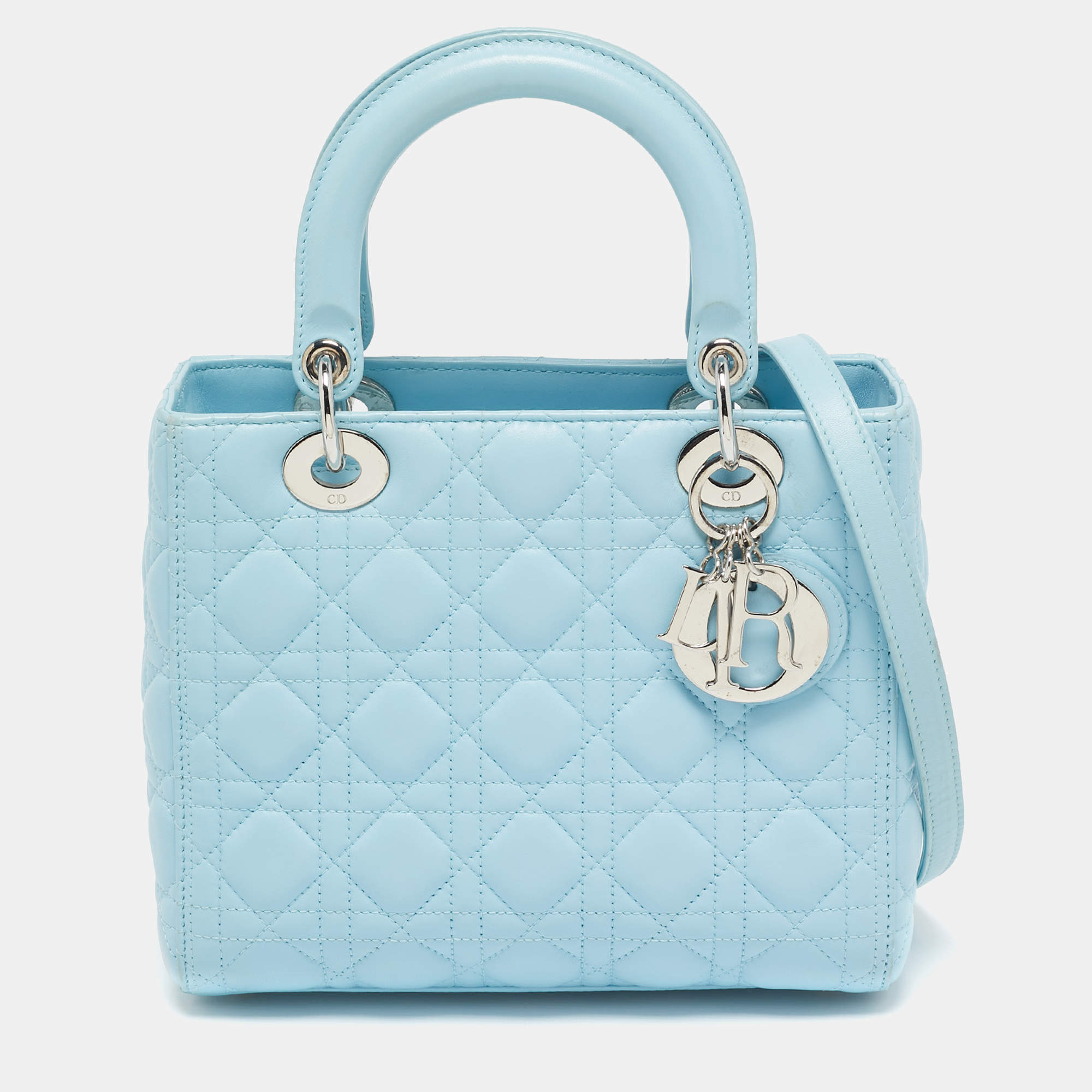 Pre Owned Dior Light Blue Cannage Leather Medium Lady Dior Tote
