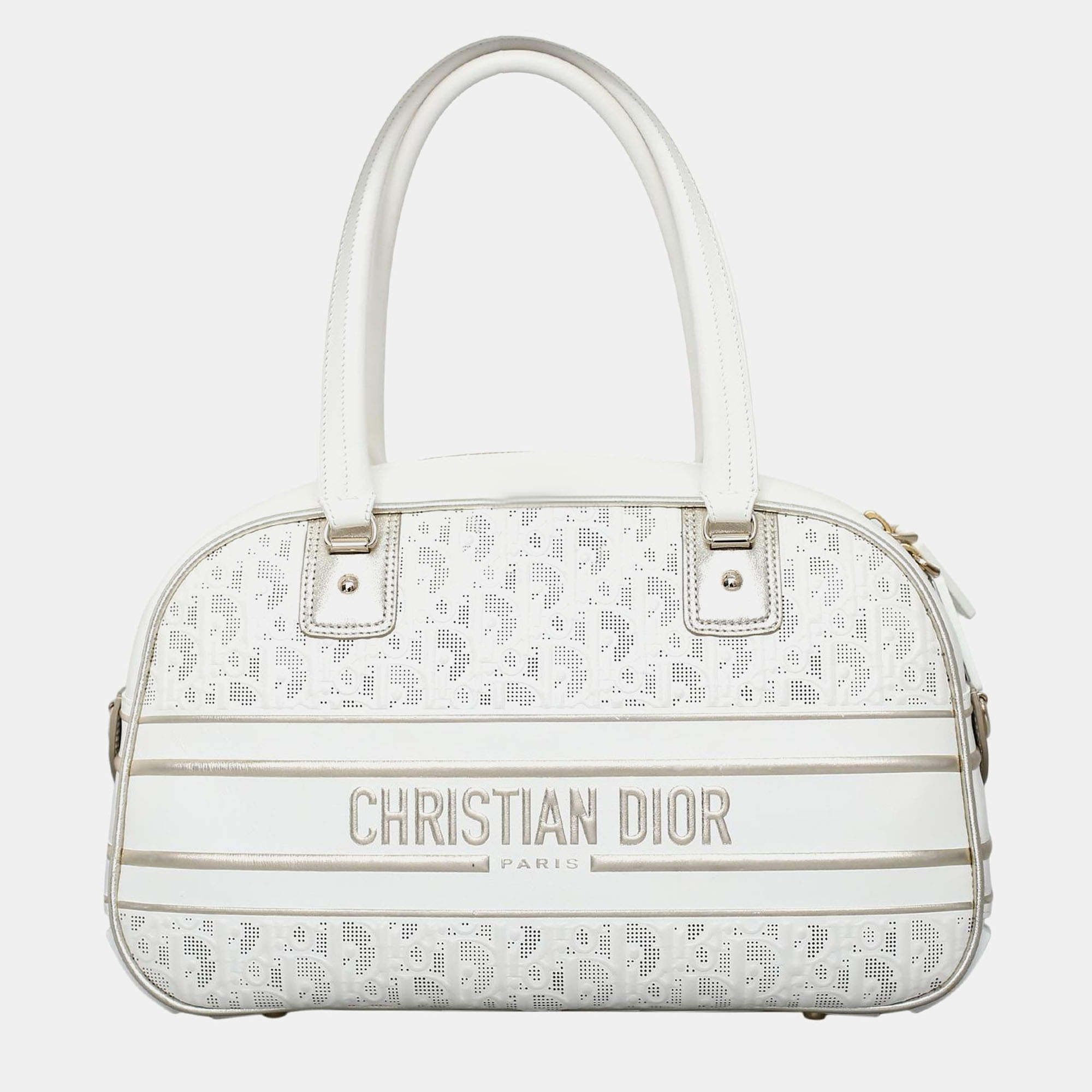 Pre Owned Christian  Dior White Canvas Medium Vibe Bowling Bag