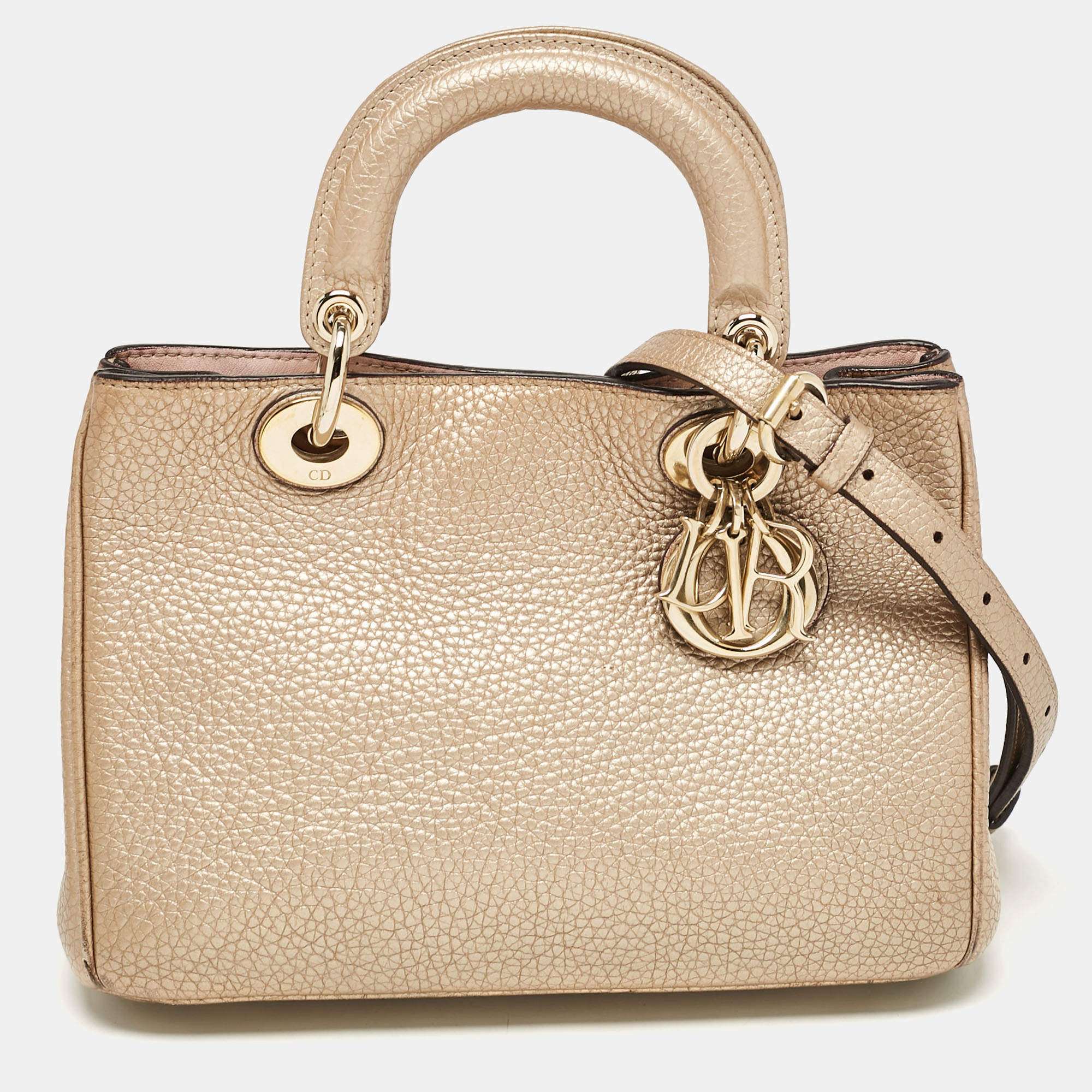 Pre Owned Dior Gold Leather Mini Diorissimo Tote
