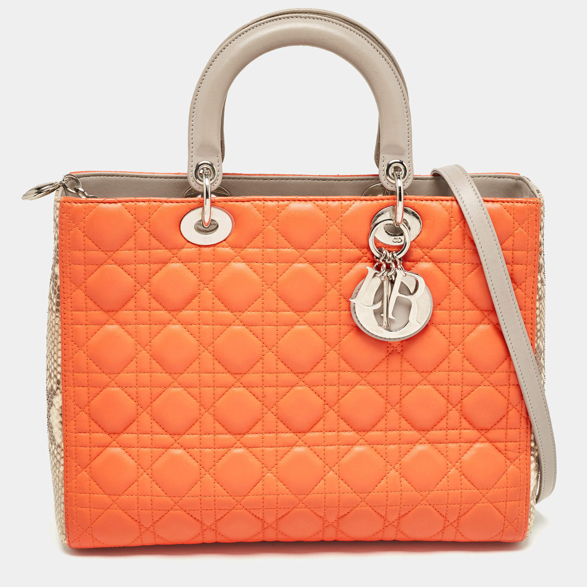 Pre Owned Dior Orange/Beige Quilted Leather and Python Large Lady Dior Tote