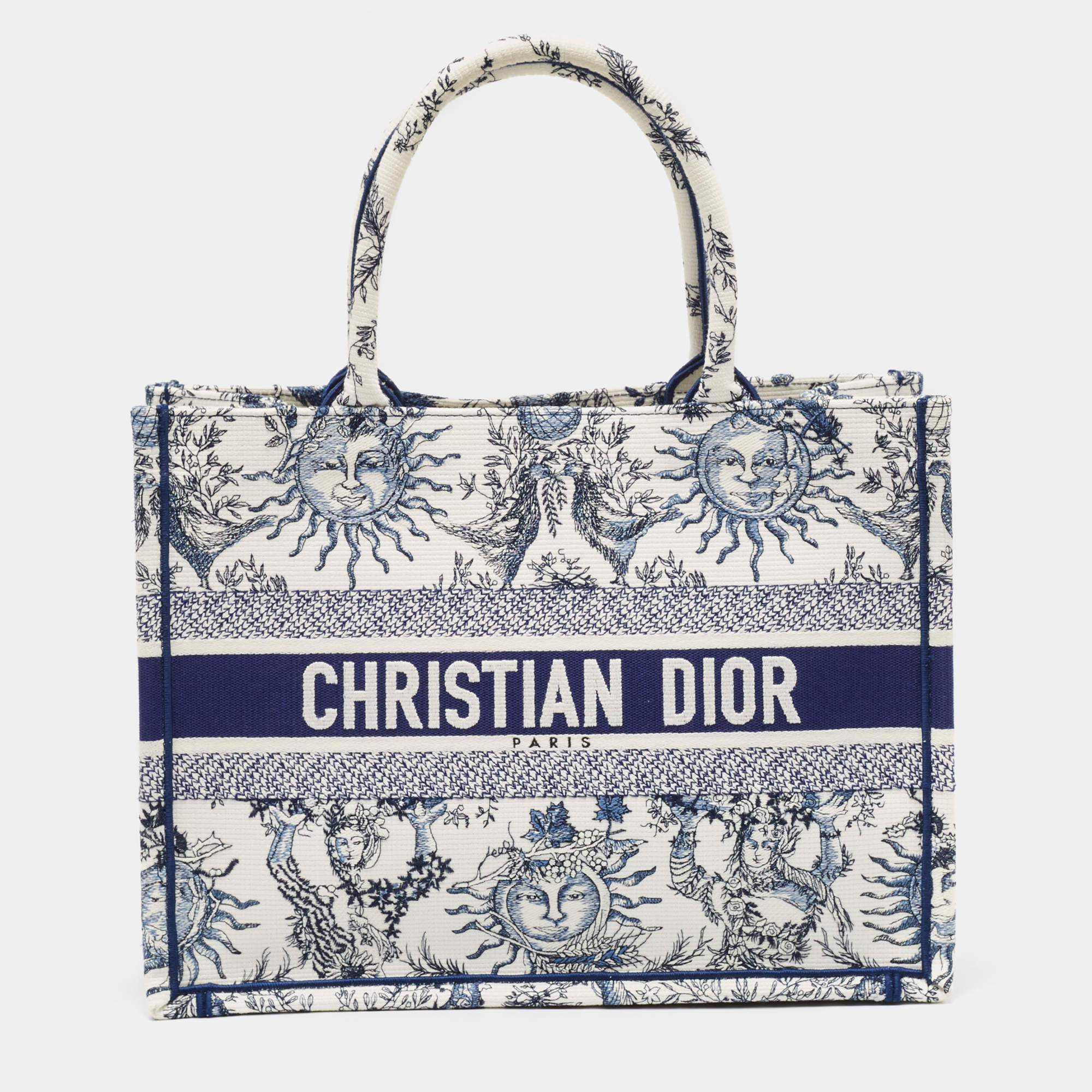 Pre Owned Dior White/Blue Embroidered Toile De Jouy Soleil Canvas Medium Book Tote 