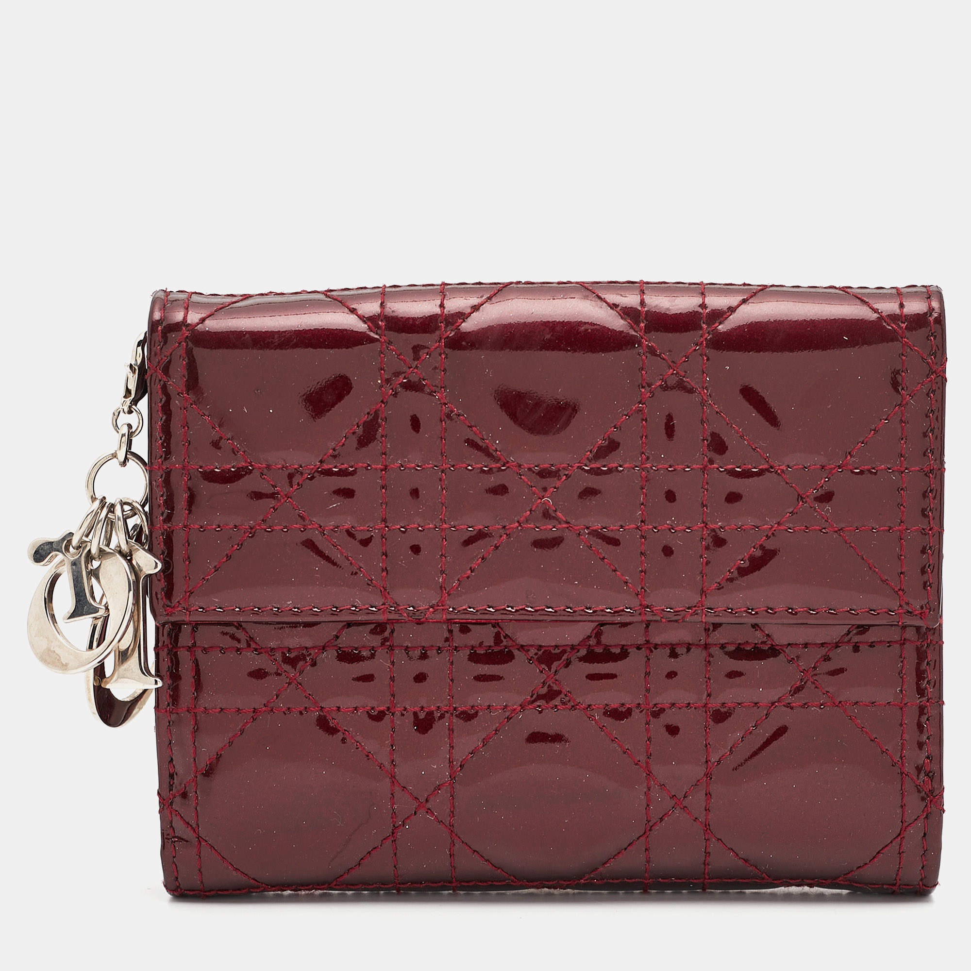 مملوكة مسبقًا Dior Burgundy Cannage Patent Leather Lady Dior French Wallet