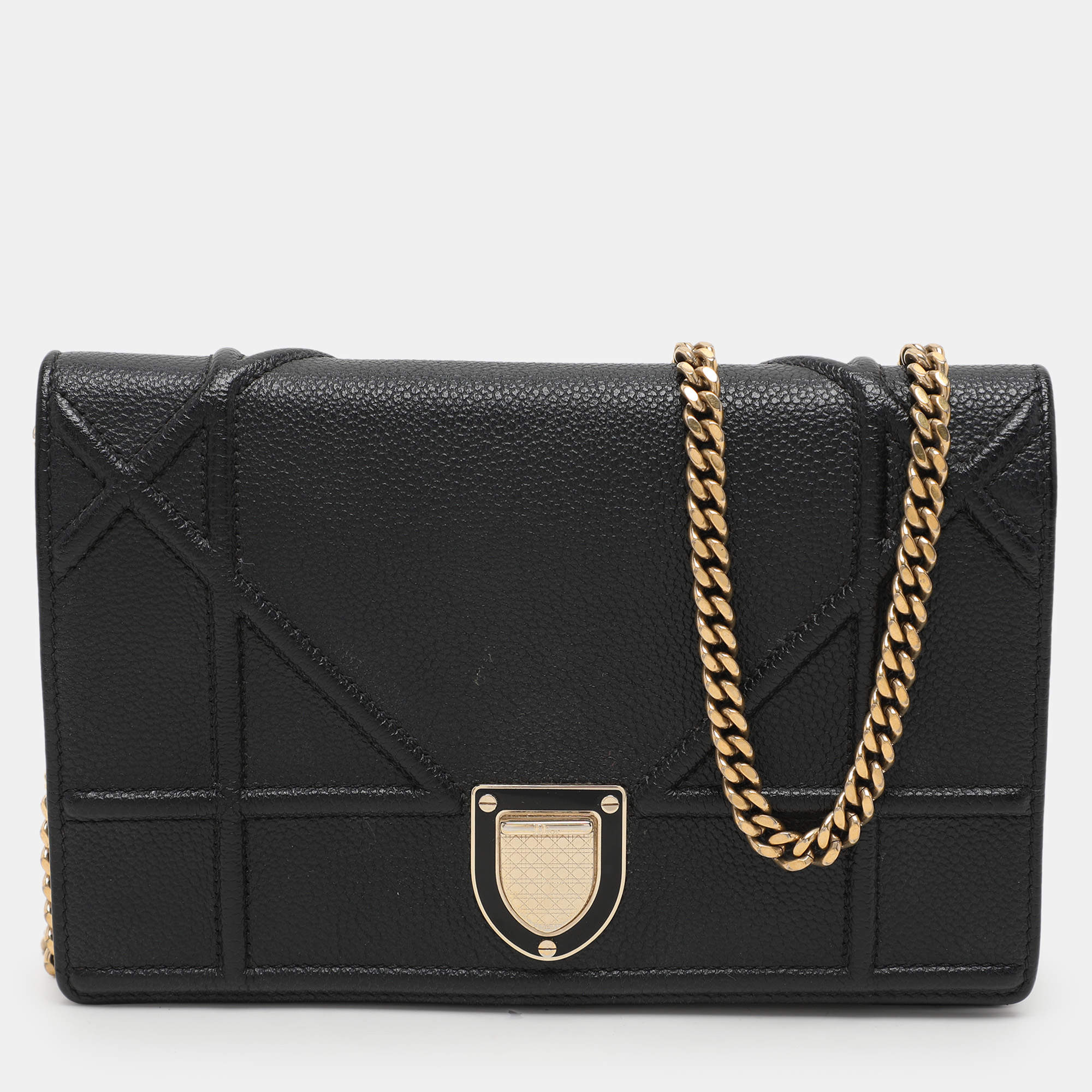 Pre Owned Dior Black Leather Diorama Wallet on Chain