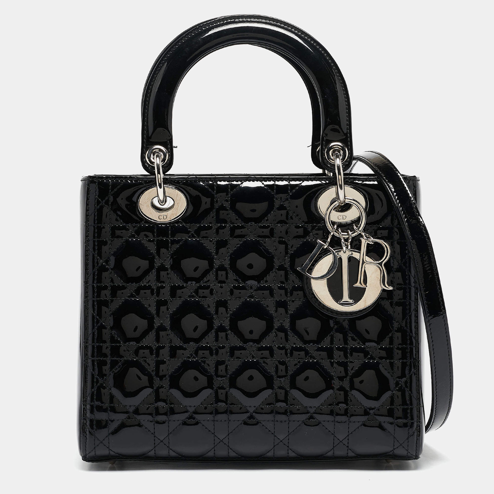 Pre Owned Dior Black Cannage Patent Leather Medium Lady Dior Tote