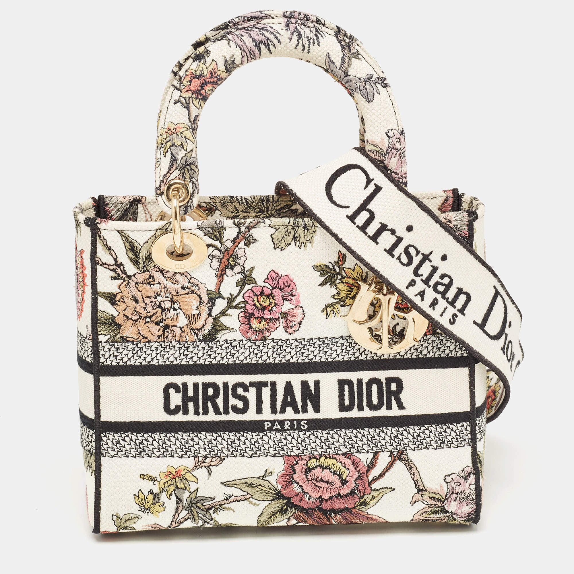 Pre Owned Dior Multicolor Floral Embroidered Canvas Medium Lady D-Lite Tote