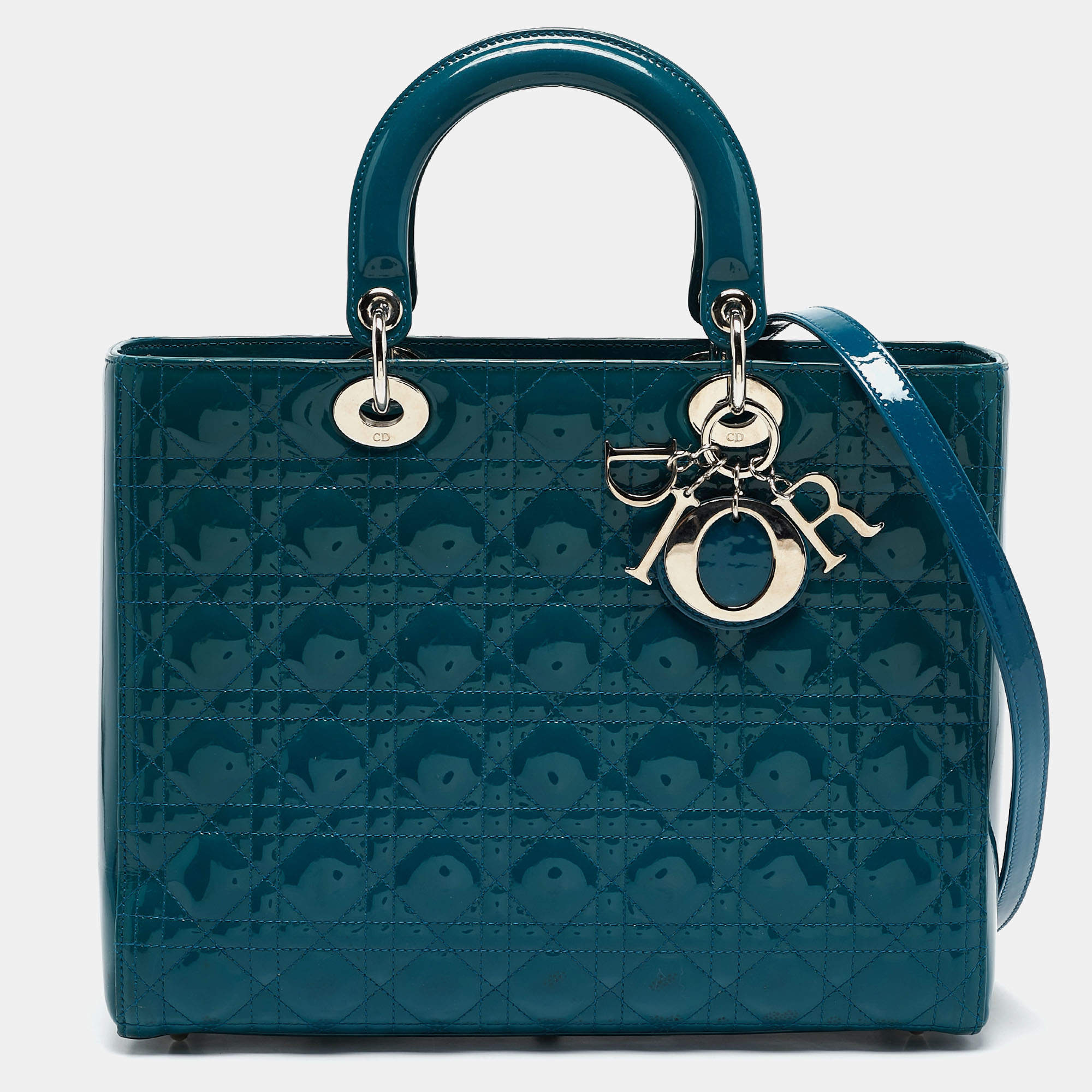 Pre Owned Dior Blue Cannage Patent Leather Large Lady Dior Tote