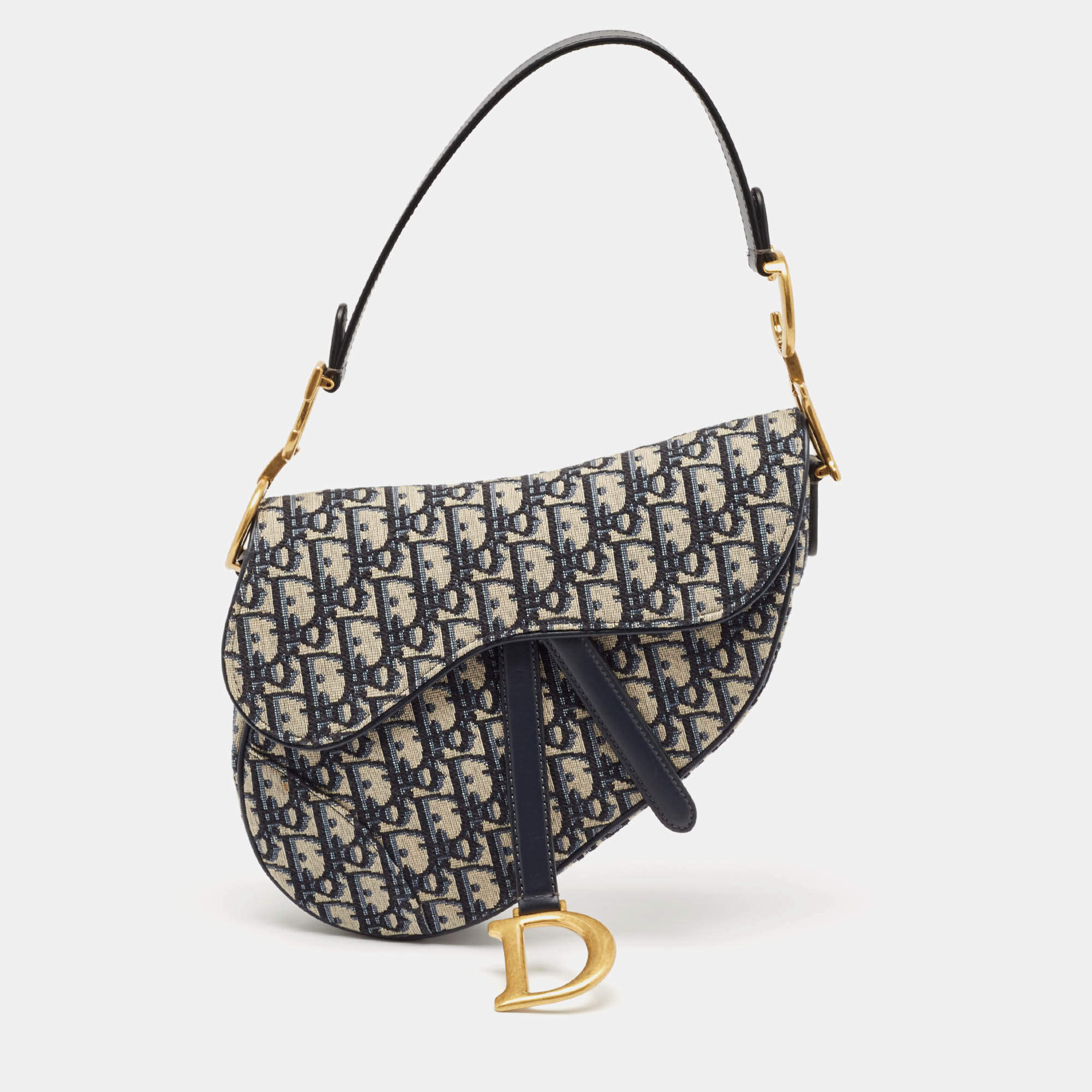 Dior Navy Blue Oblique Canvas and Leather Saddle Bag