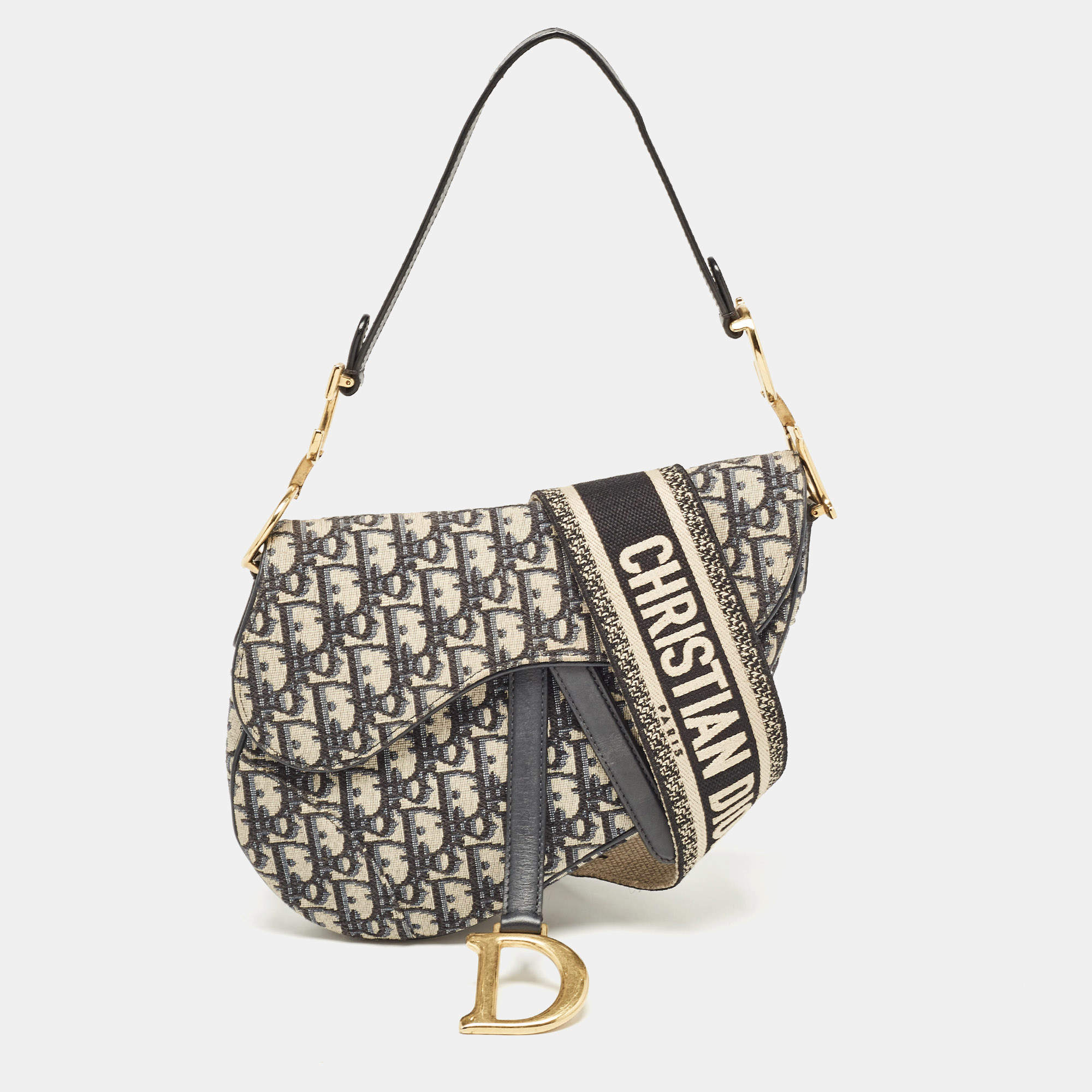 Pre Owned Dior Navy Blue Oblique Canvas Saddle Bag