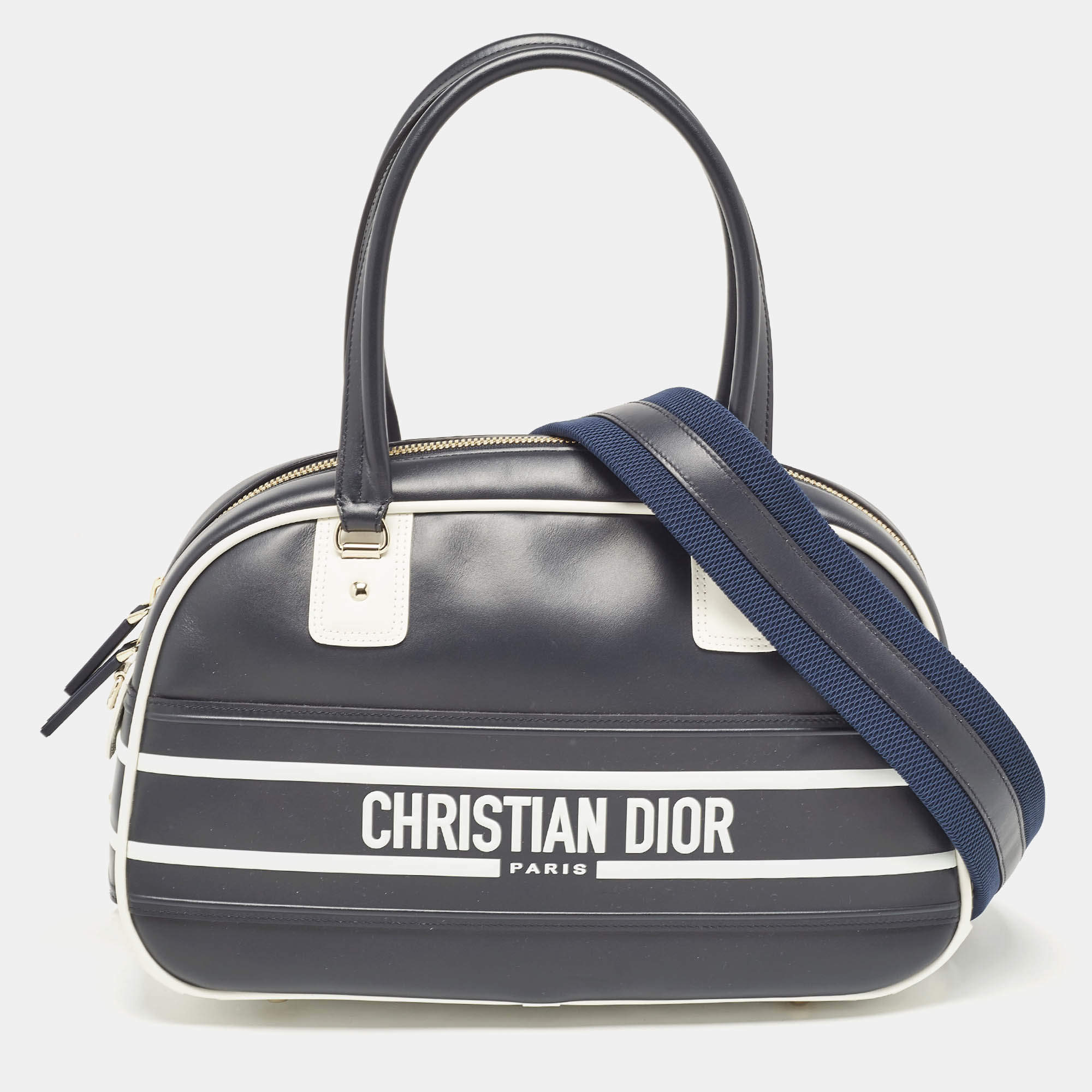 Pre Owned Dior Navy Blue/White Leather and Rubber Medium Vibe Bowler Bag