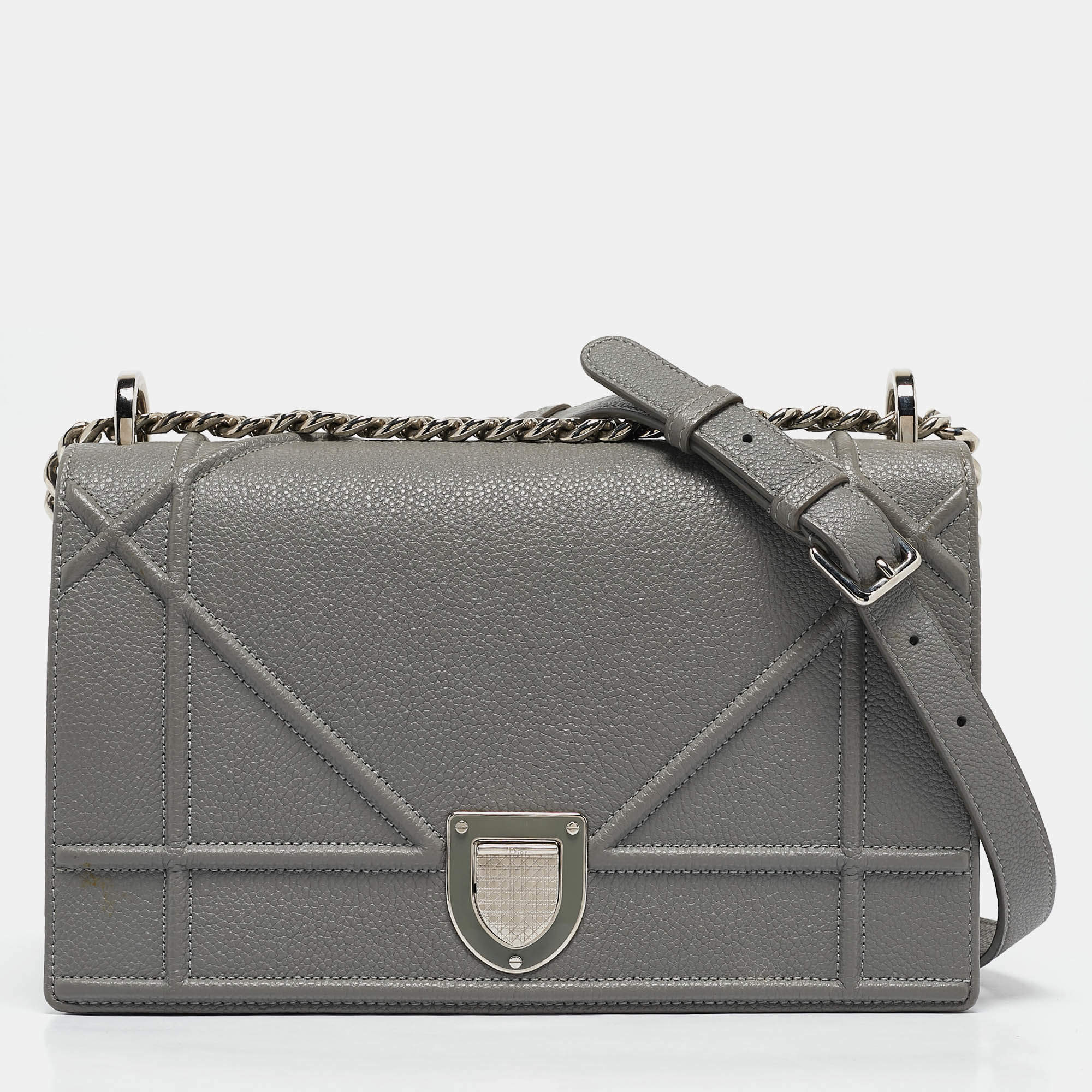 Pre Owned Dior Grey Leather Medium Diorama Flap Shoulder Bag