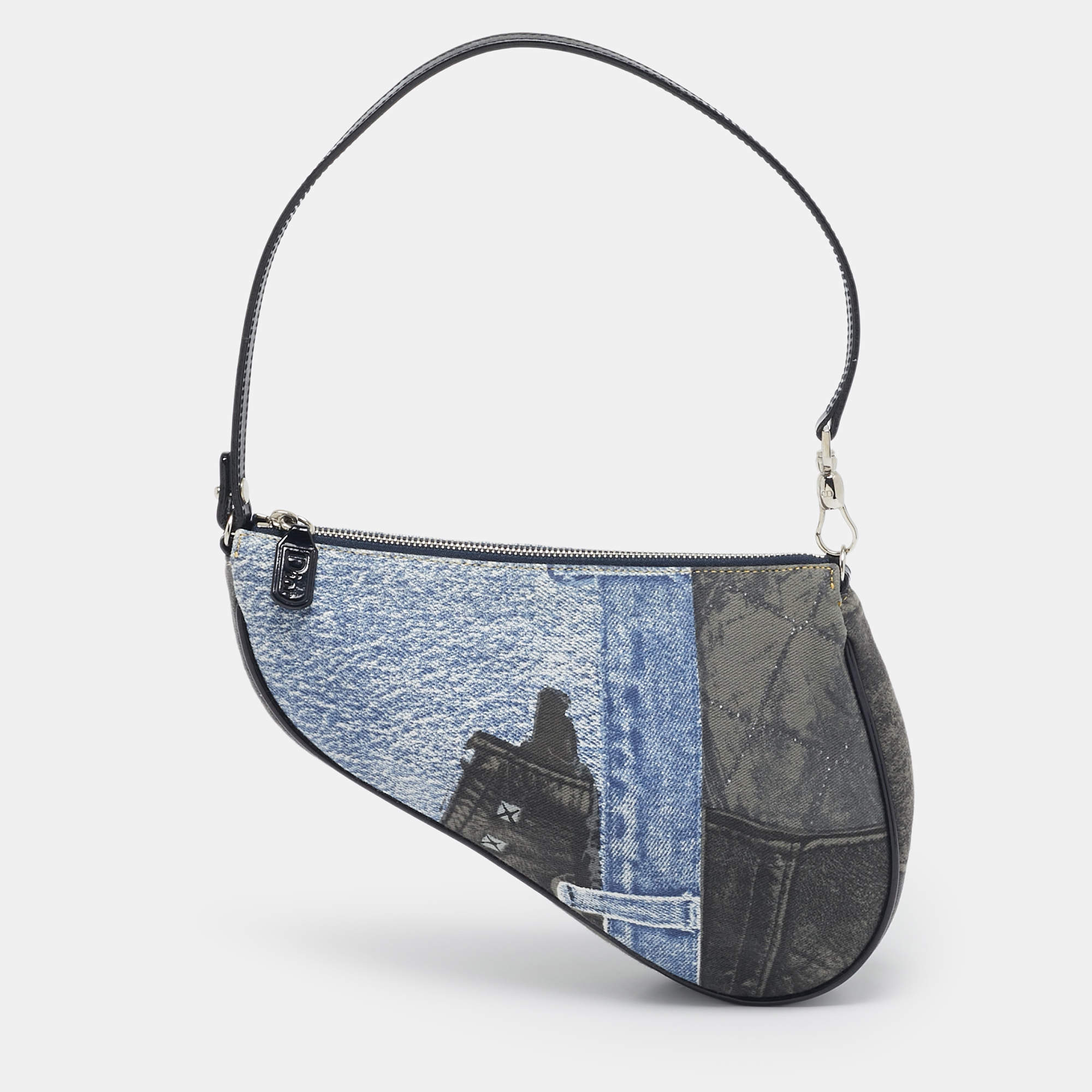 Pre Owned Dior Tricolor Denim Print Mini Saddle Bag