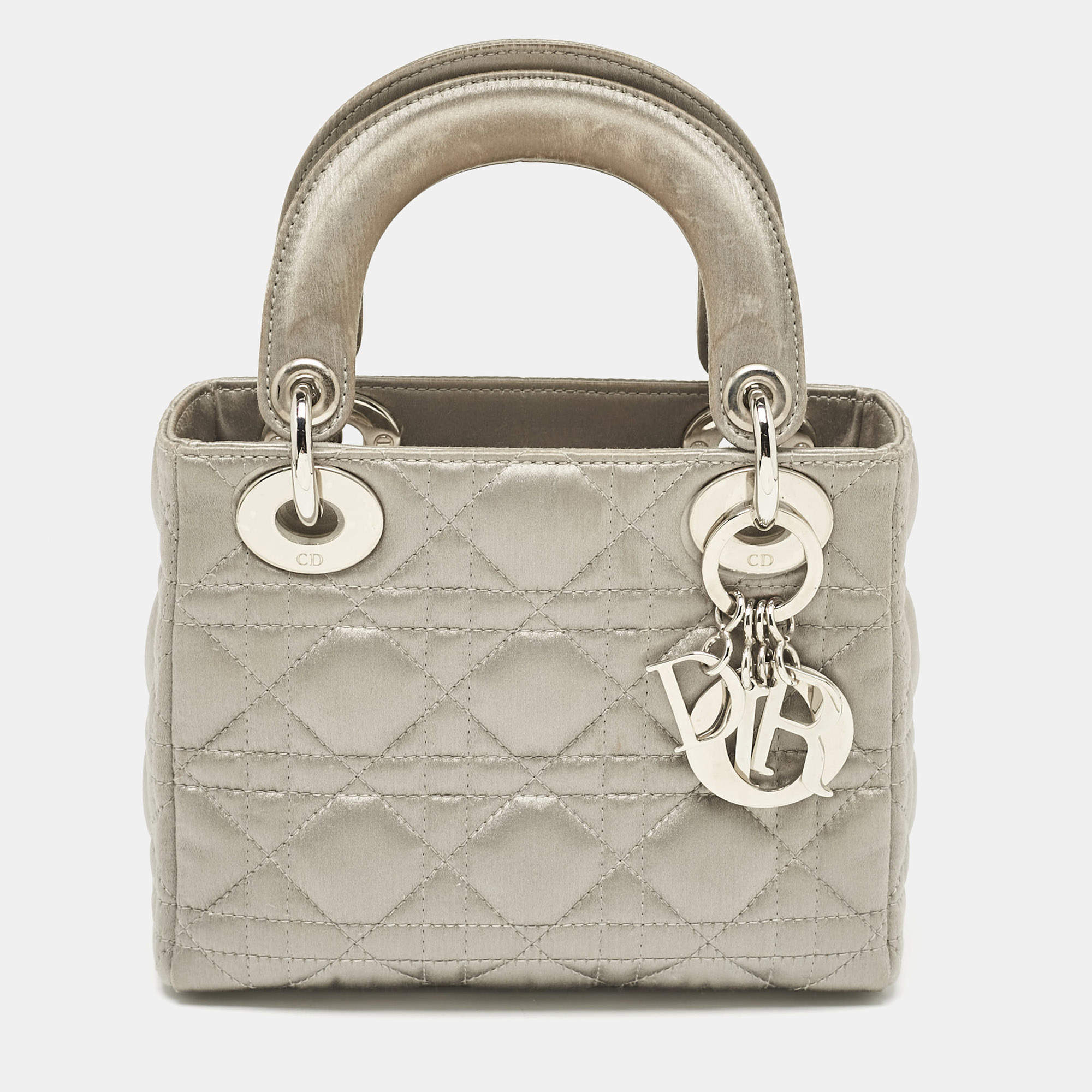 Pre Owned Dior Grey Quilted Fabric Mini Lady Dior Tote