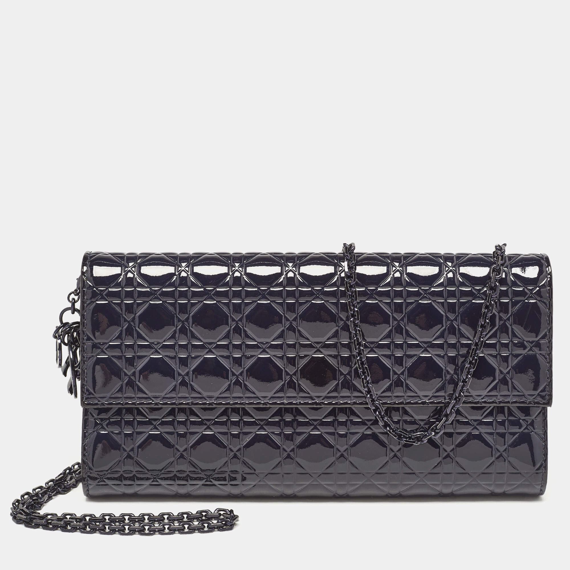 Dior Navy Blue Micro Cannage Patent Leather Lady Dior Chain Clutch