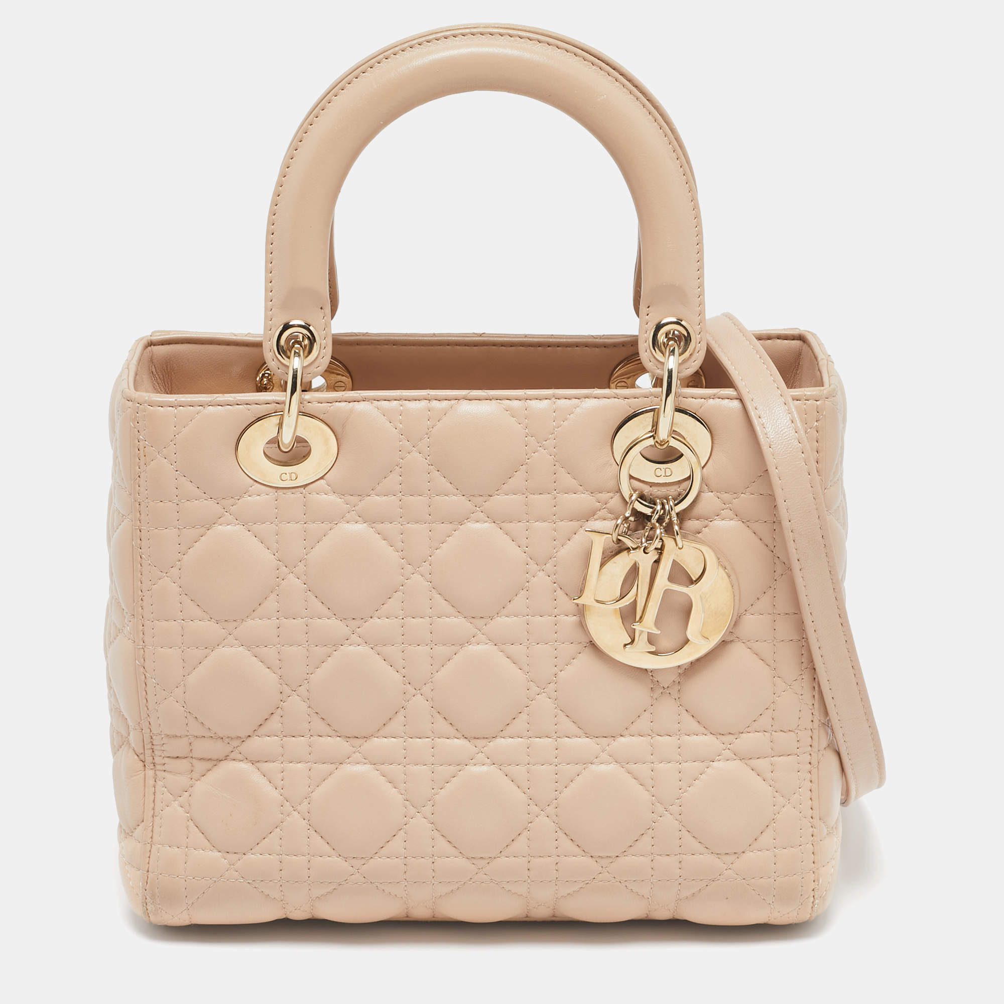 Pre Owned Dior Beige Cannage Leather Medium Lady Dior Tote