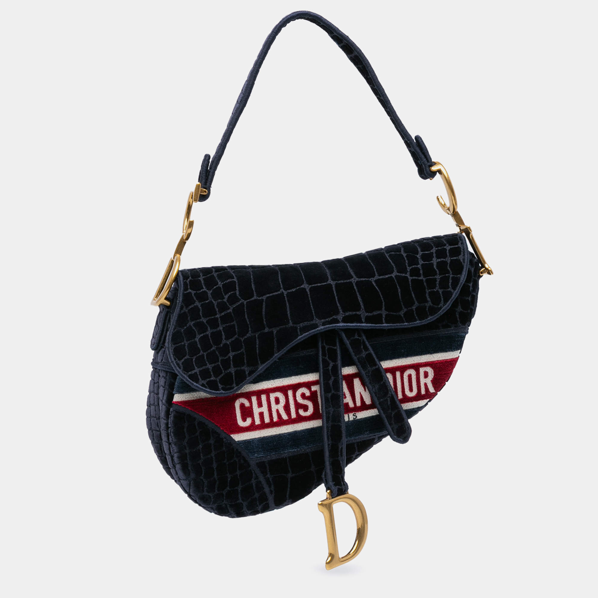  Dior Navy Blue Velvet Crocodile Effect Embroidered Saddle Bag