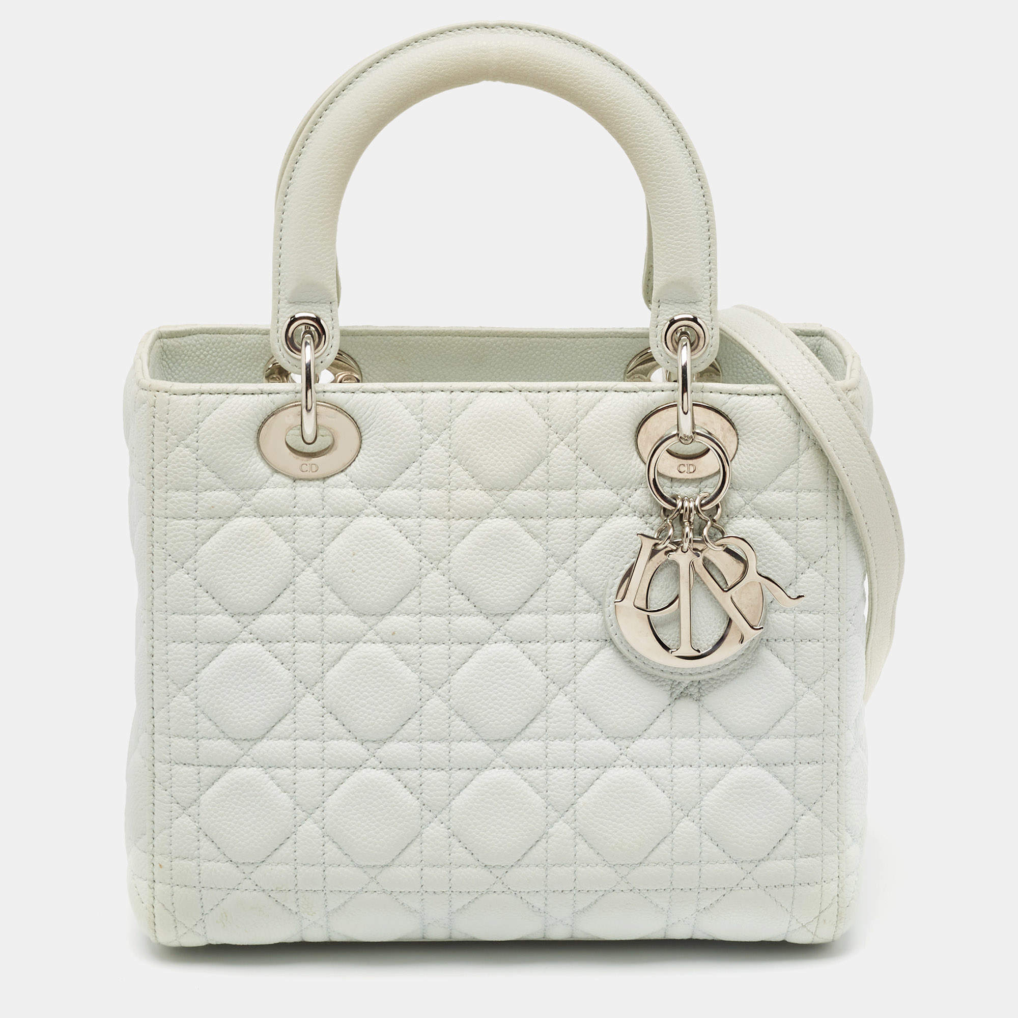 Pre Owned Dior Mint Green Cannage Leather Medium Lady Dior Tote