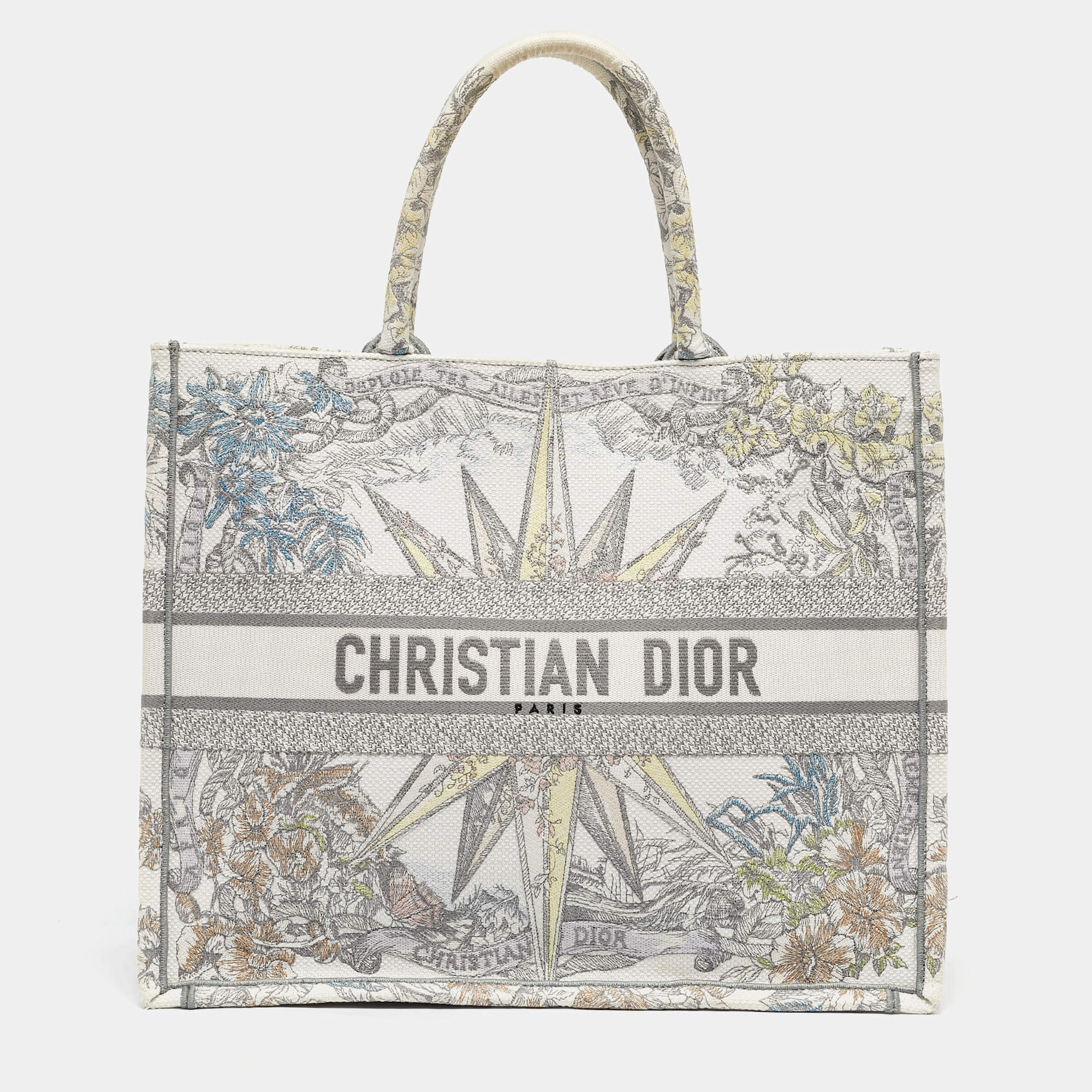 Dior Grey/Multicolor Embroidered Canvas Lucky Star Large Book Tote