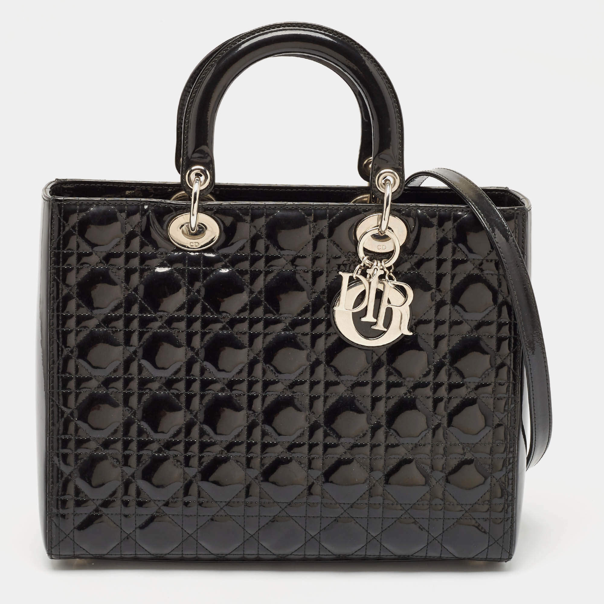 Dior Black Cannage Patent Leather Large Lady Dior Tote