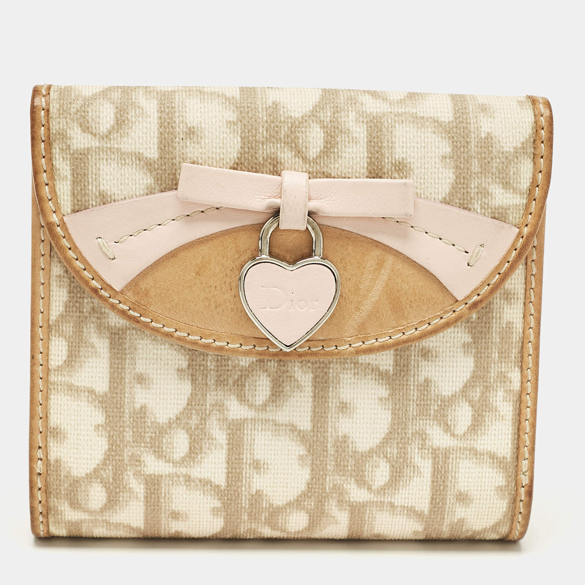 Pre Owned Dior Beige Oblique Coated Canvas and Leather Romantique Compact Wallet