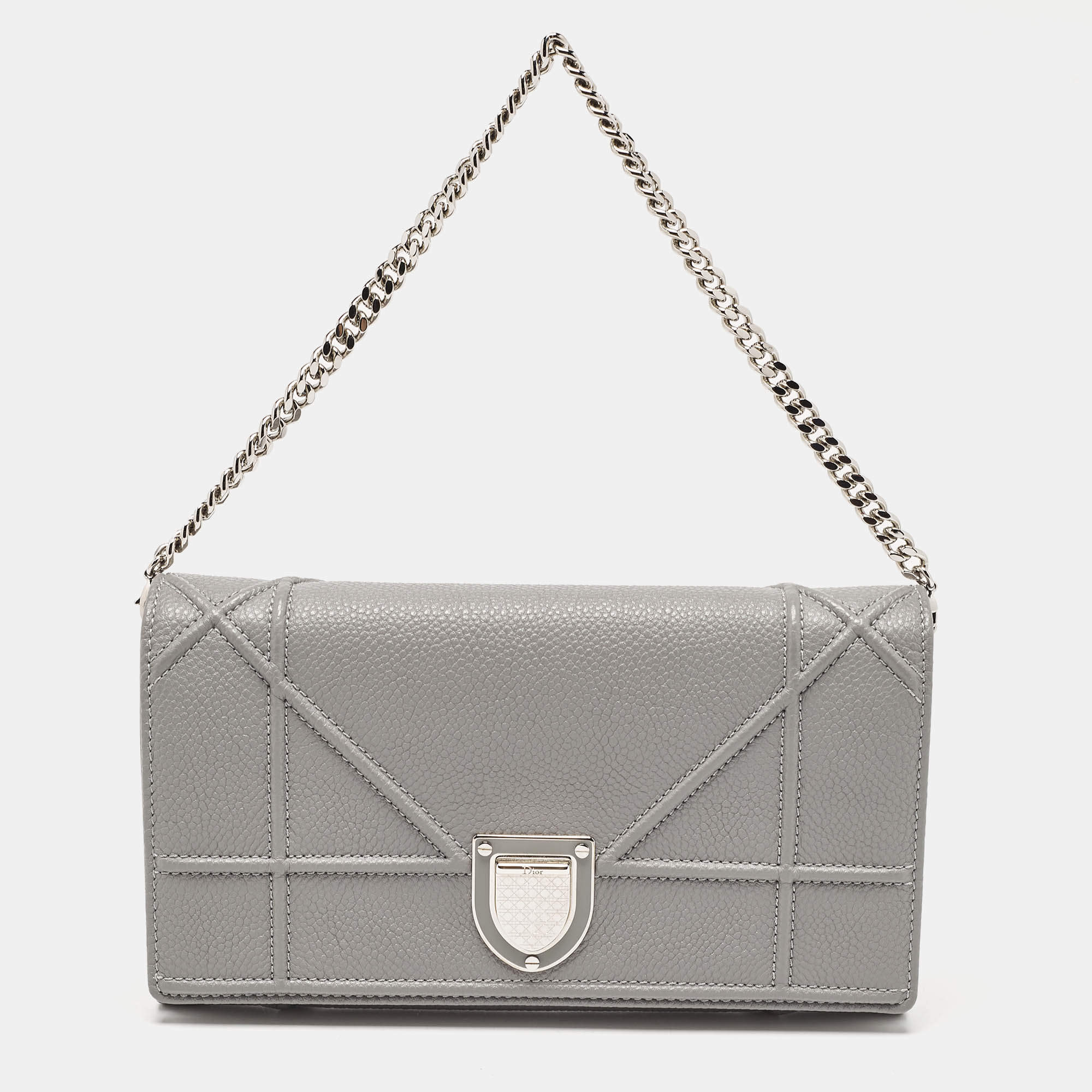 Pre Owned Dior Grey Cannage Leather Diorama Wallet On Chain