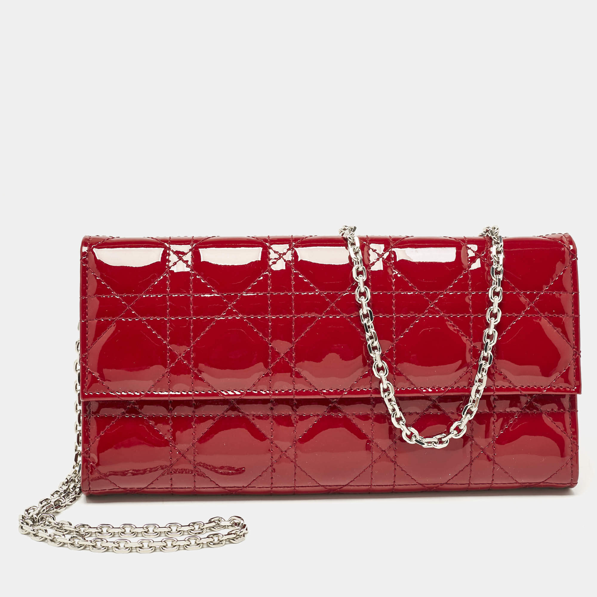 Pre Owned Dior Red Cannage Patent Leather Lady Dior Wallet On Chain