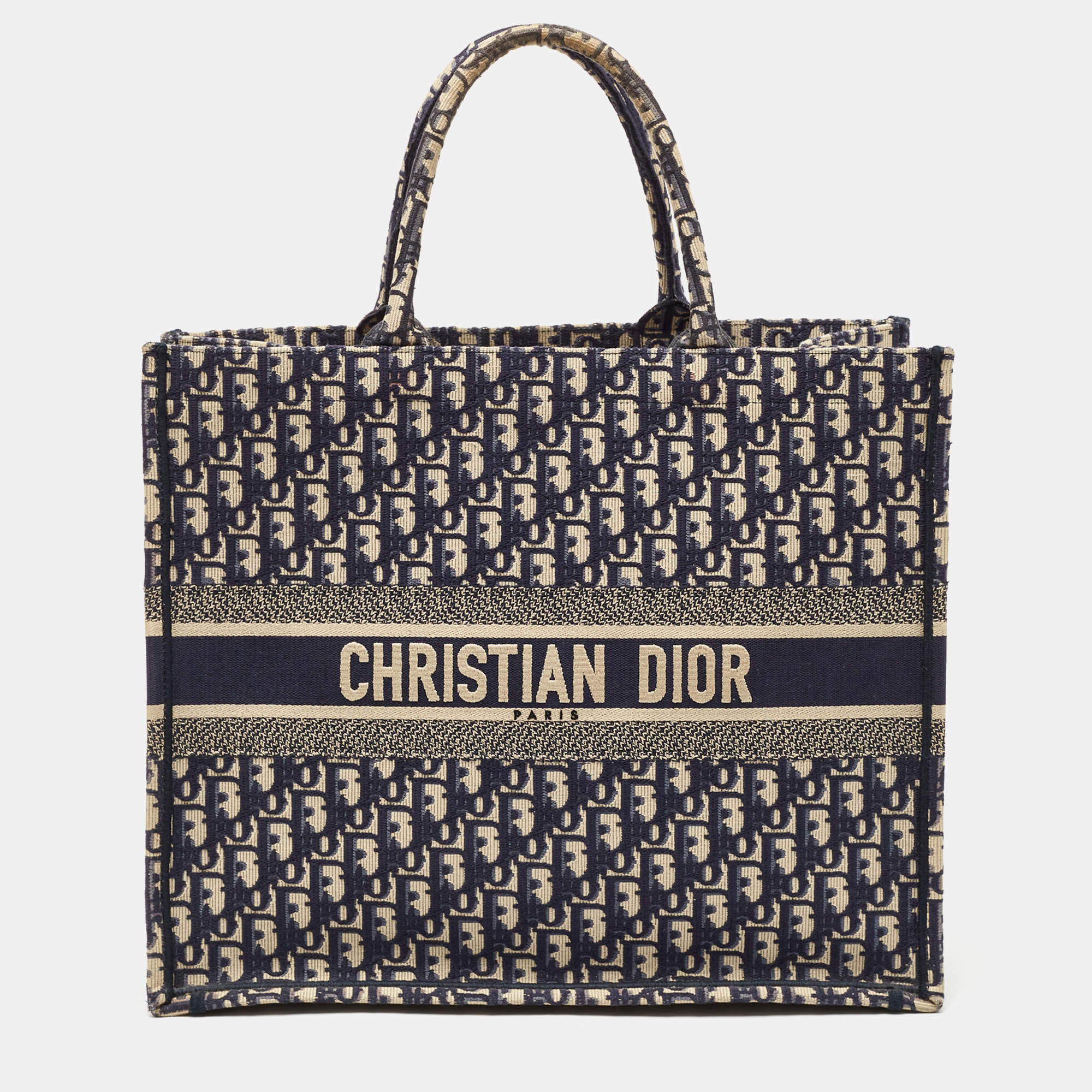 Dior Navy Blue Oblique Embroidered Canvas Large Book Tote