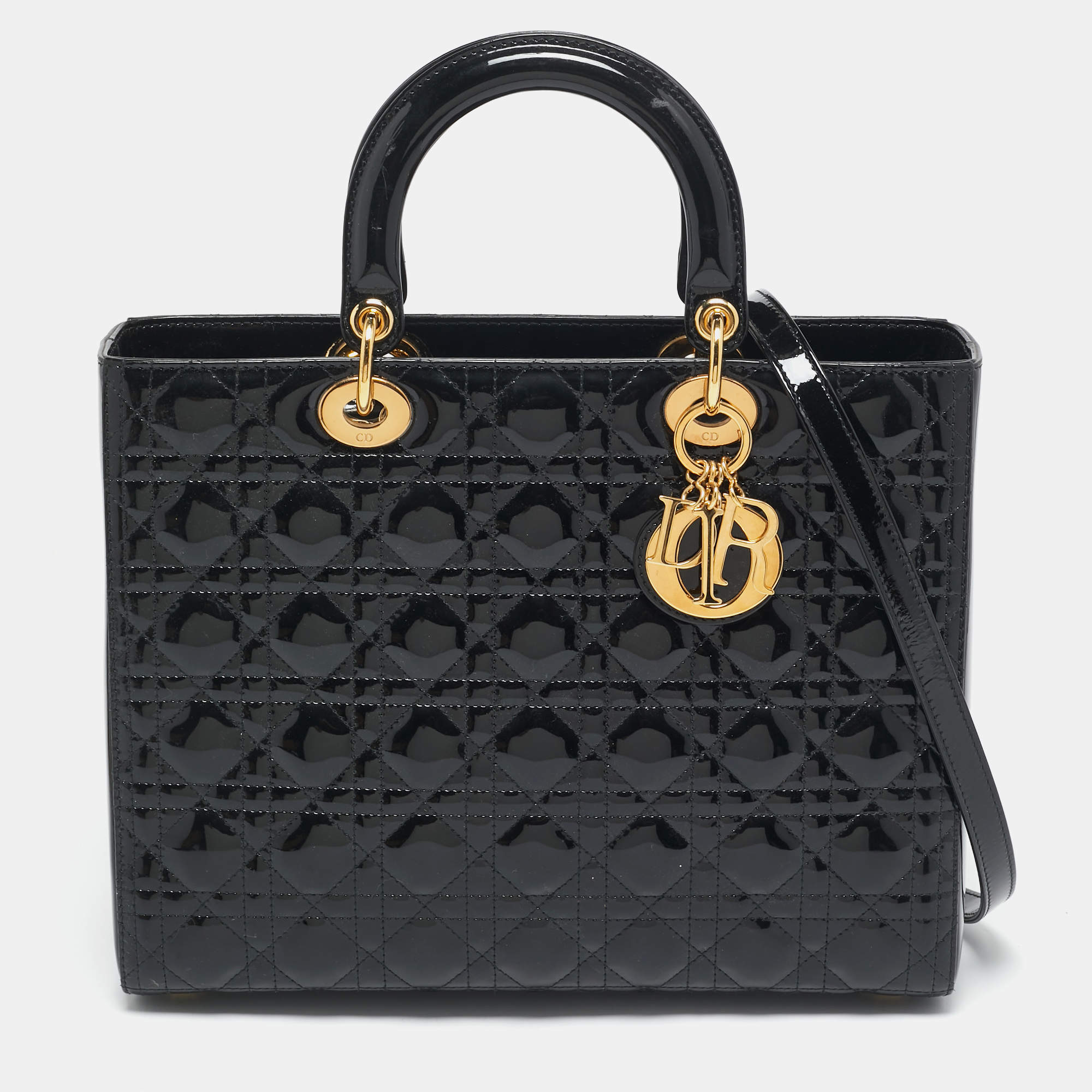Dior Black Cannage Patent Leather Large Lady Dior Tote