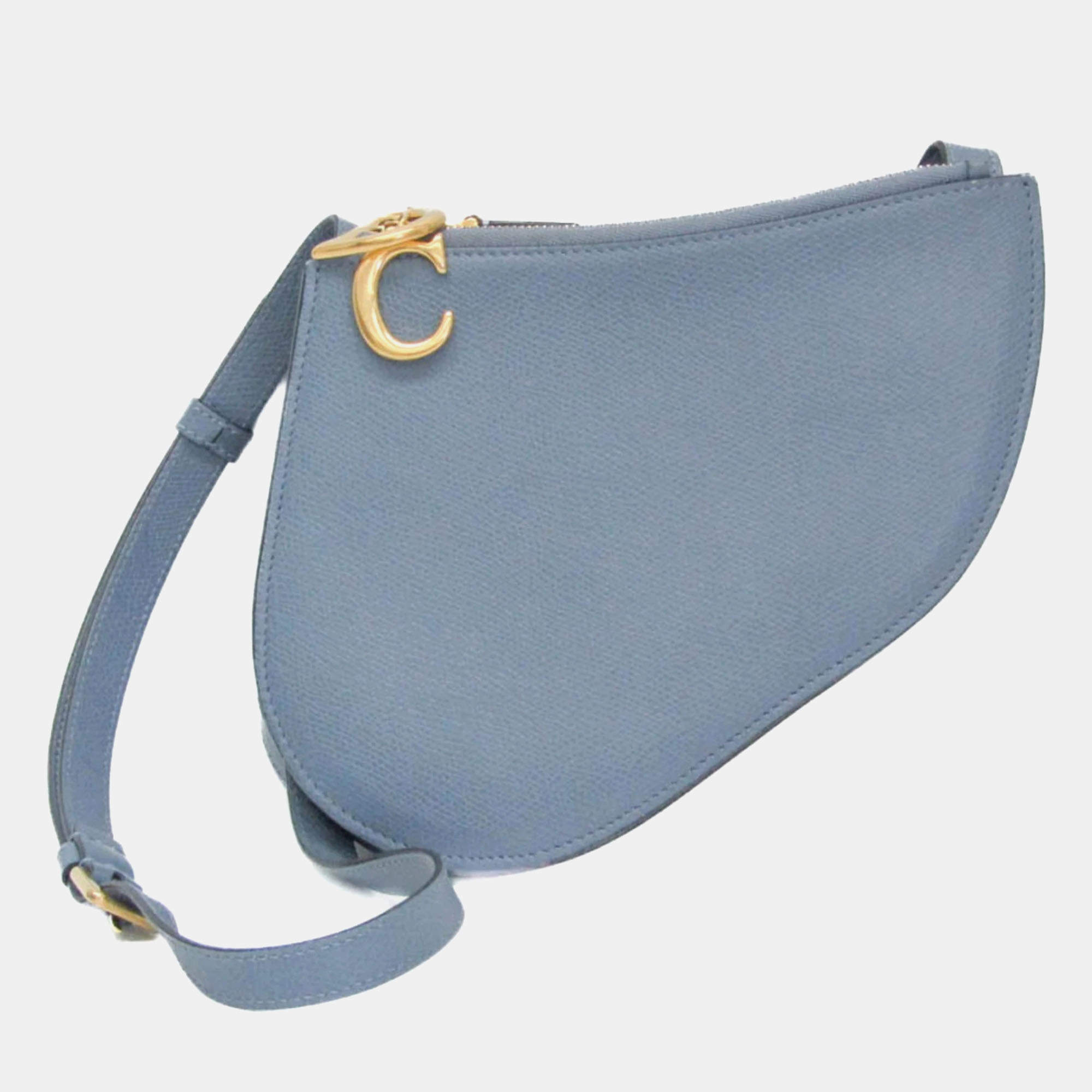 Pre Owned Dior Light Blue Gray Leather Saddle Shoulder Bag