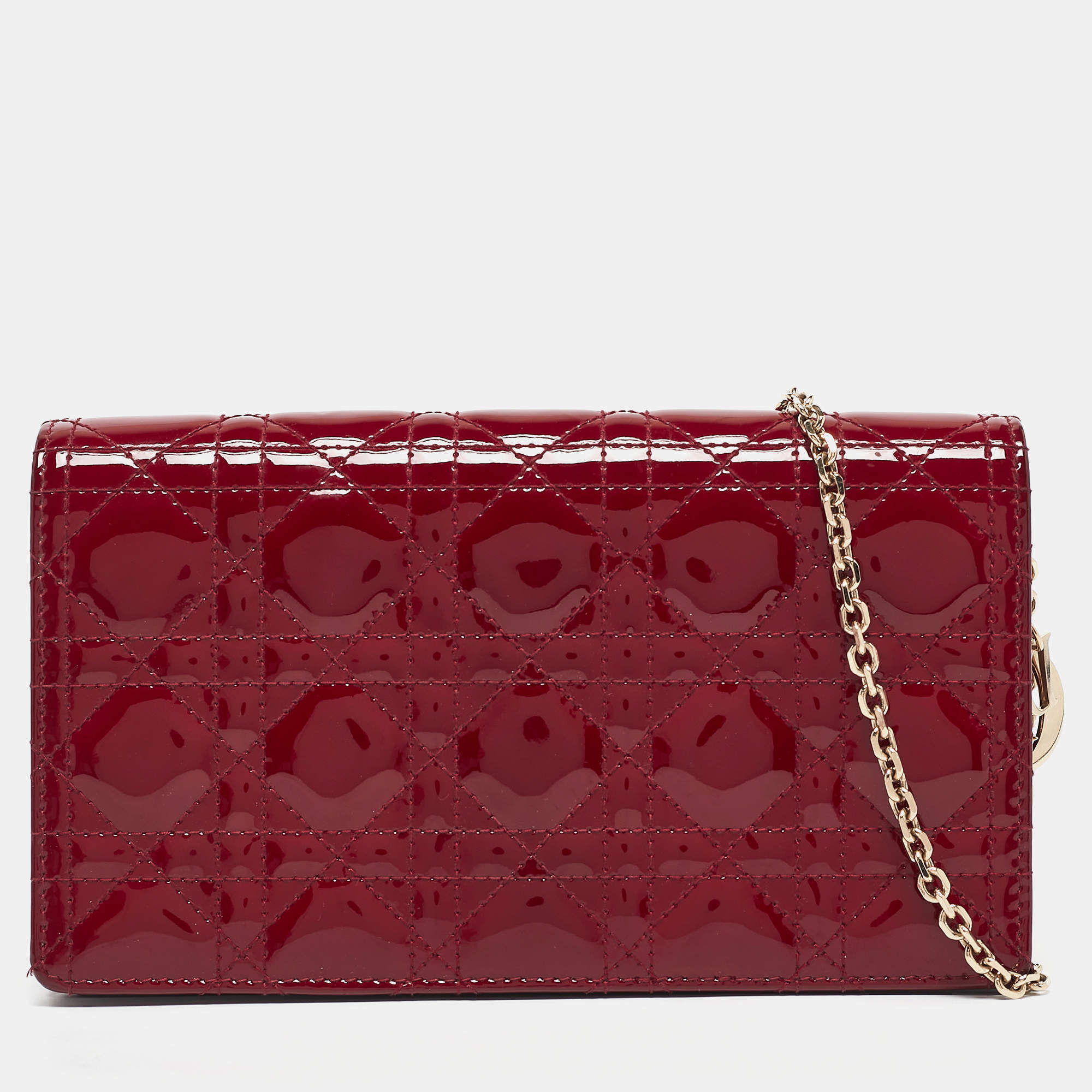 Pre Owned Dior Red Cannage Patent Leather Lady Dior Pouch Chain Clutch