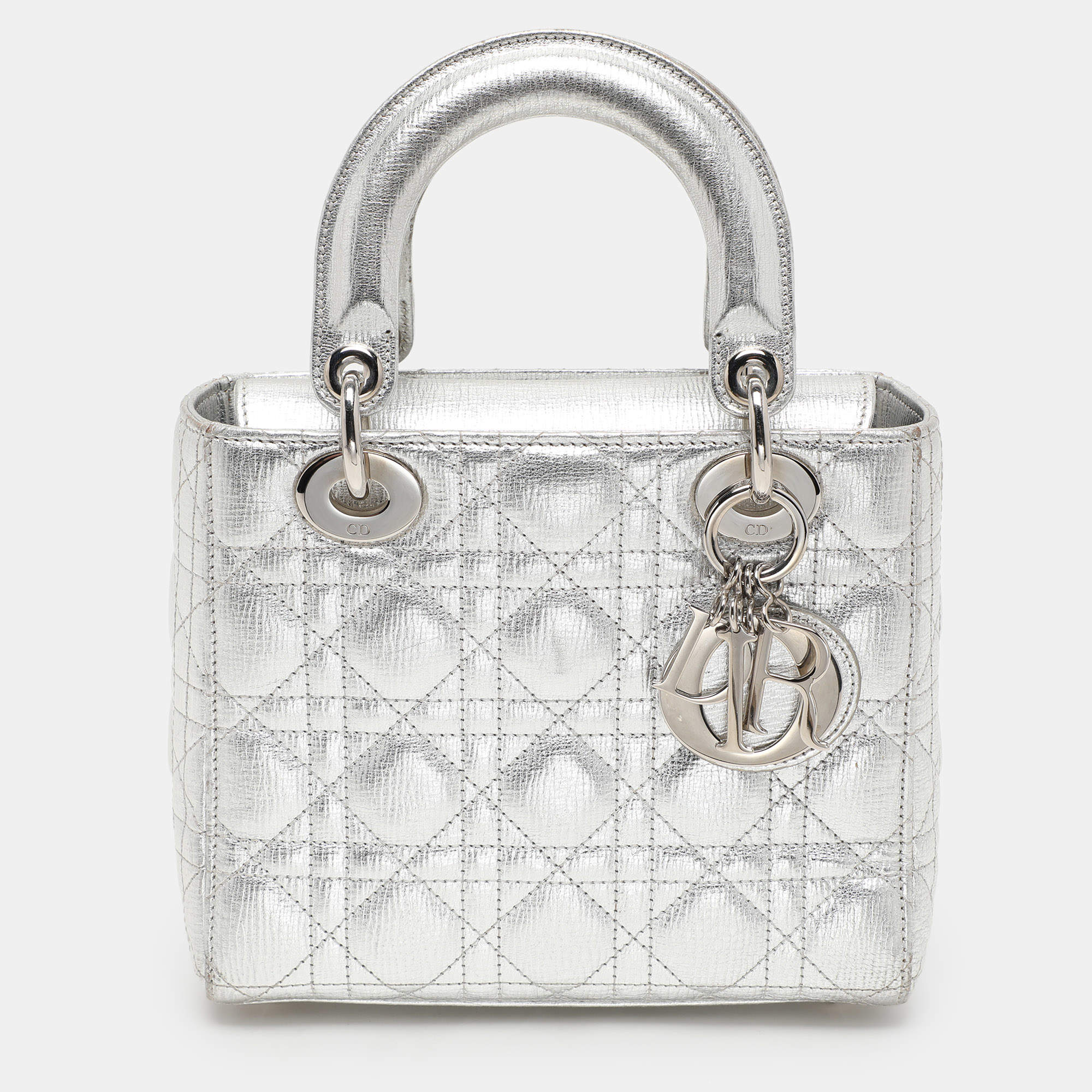 Pre Owned Dior Silver Cannage Leather Small Lucky Badges Lady Dior Tote