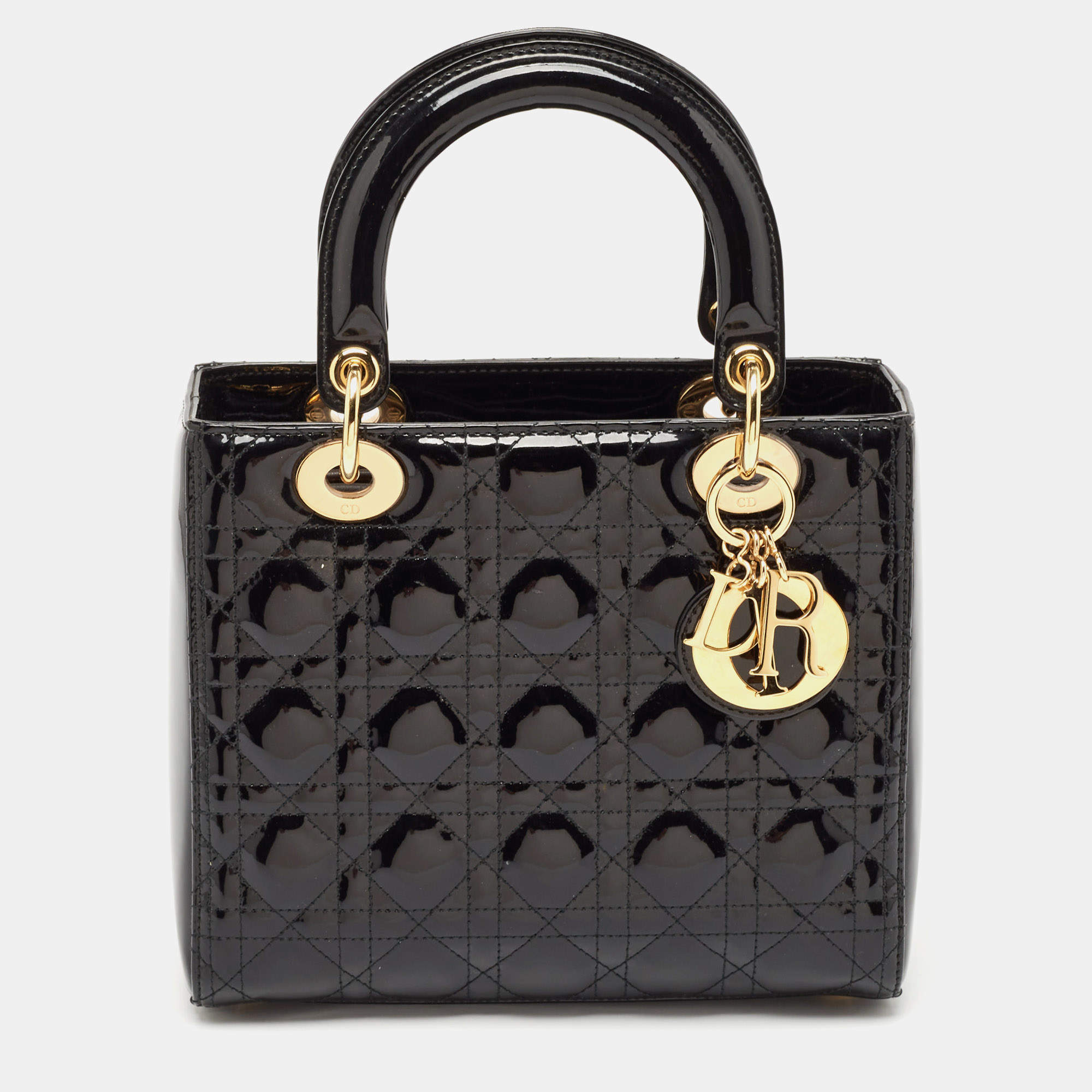 Pre Owned Dior Black Cannage Patent Leather Medium Lady Dior Tote