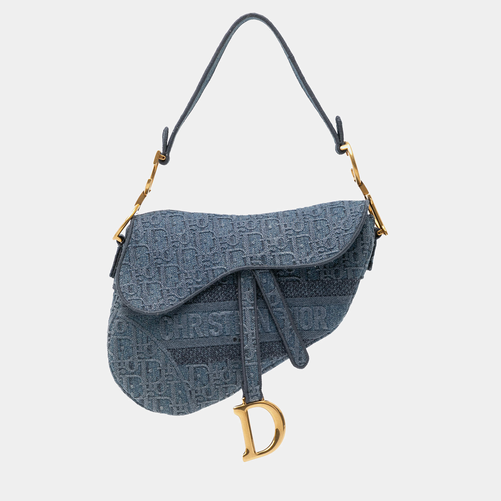 Dior Blue Oblique Embroidered Denim Saddle Shoulder Bag