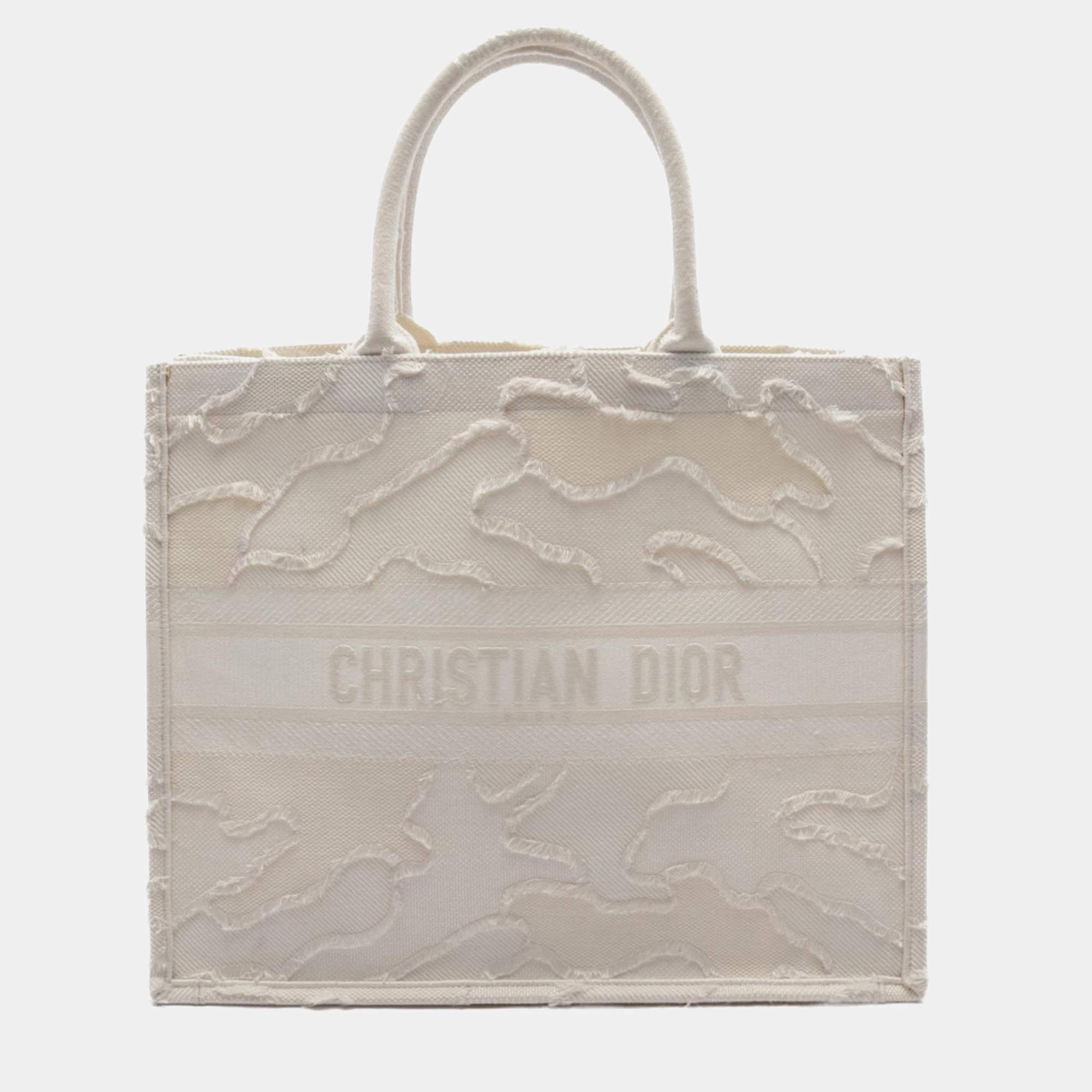 Dior White Canvas Large Embroidered Camouflage Book Tote Bag