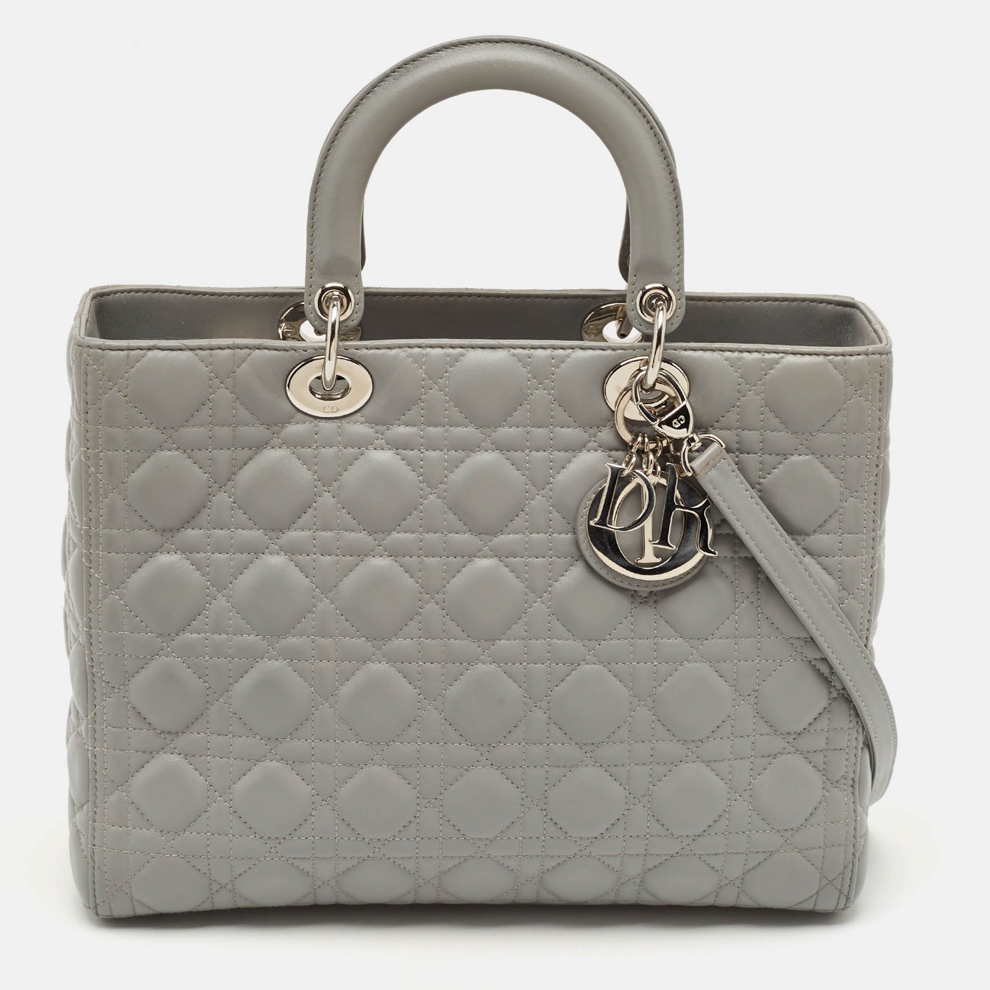 Pre Owned Dior Grey Cannage Leather Large Lady Dior Tote