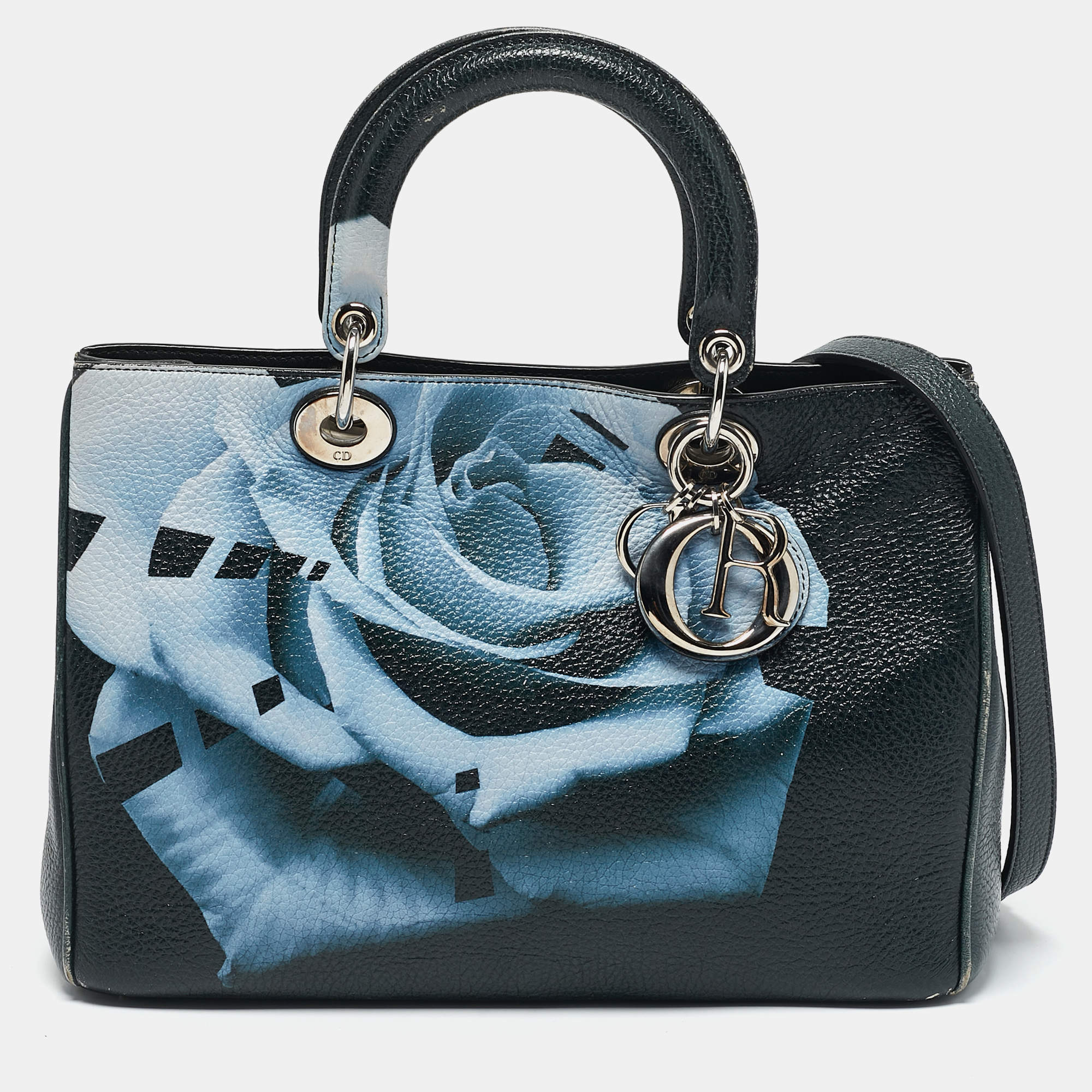 Dior Navy Blue Floral Print Leather Medium Diorissimo Shopper Tote