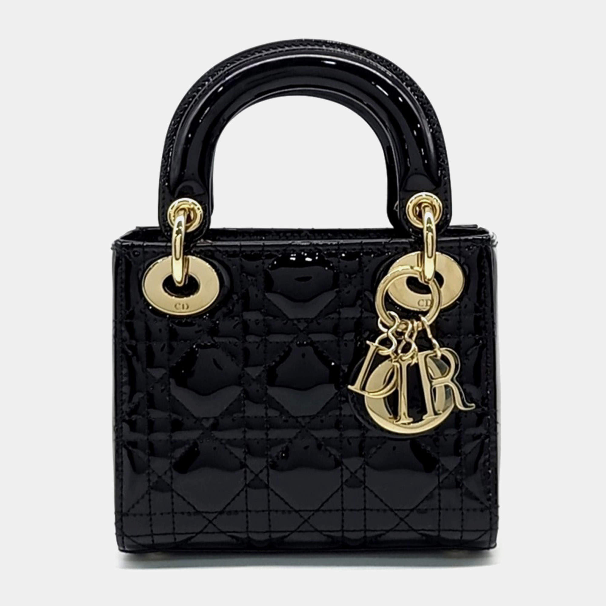 Pre Owned Dior Black Patent Leather Patent Cannage Lady Mini Bag