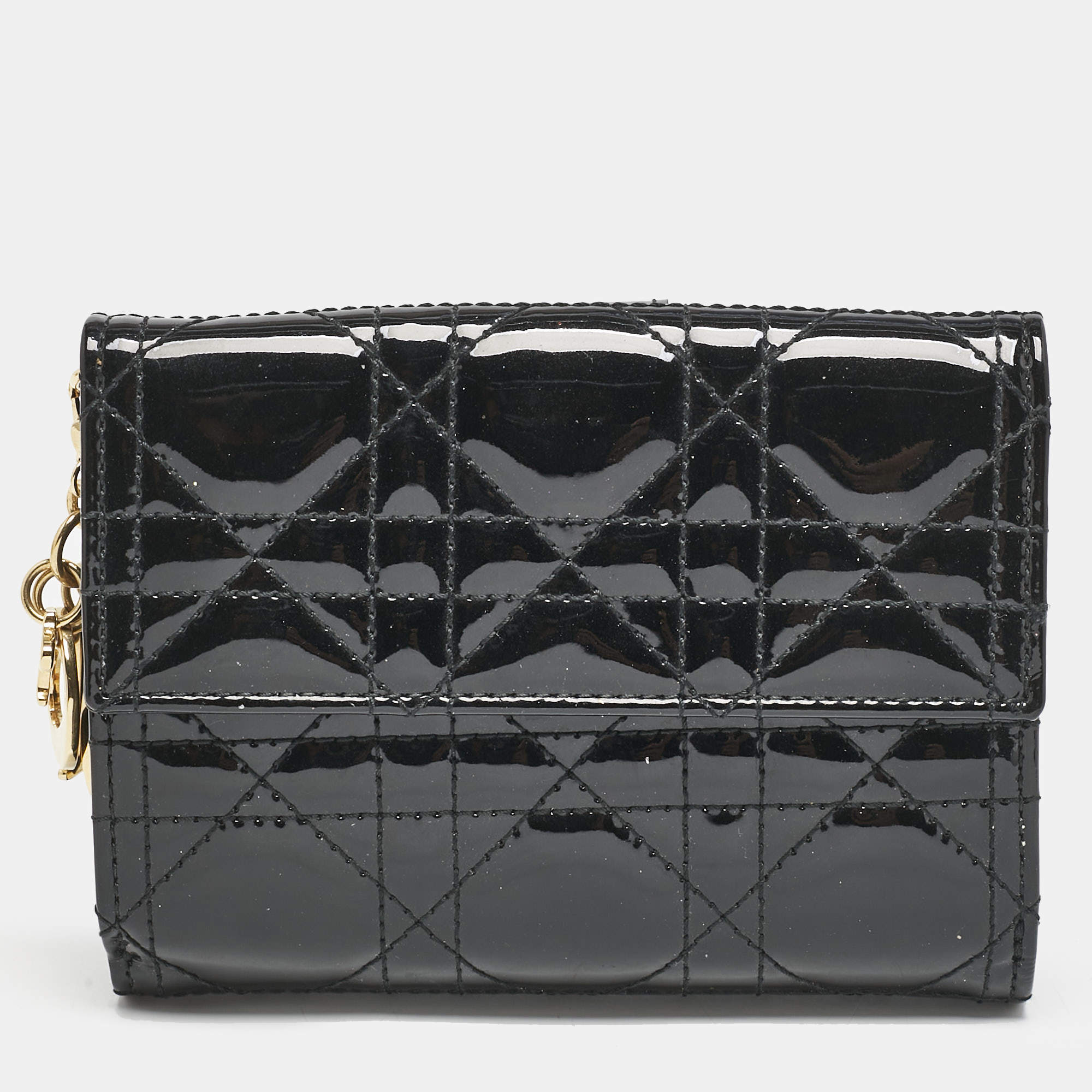 Dior Black Cannage Patent Leather Lady Dior French Wallet
