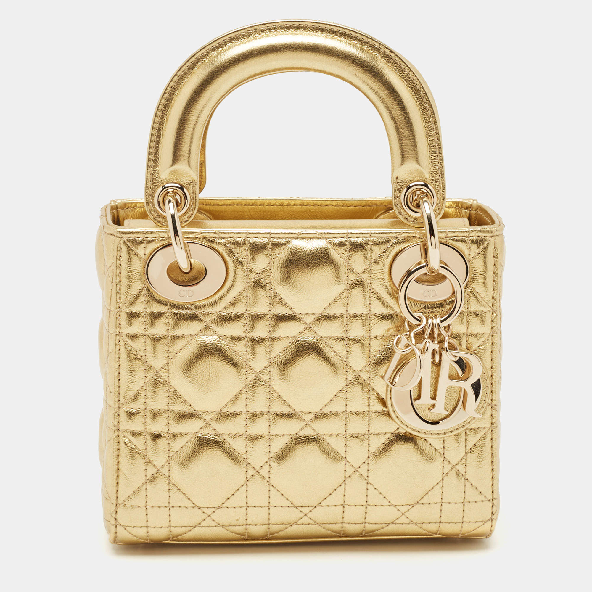Pre Owned Dior Gold Cannage Leather Mini Lady Dior Tote