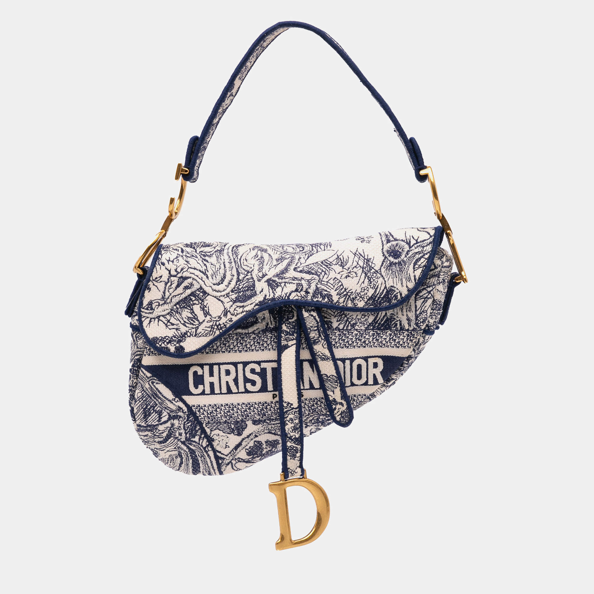 Dior Navy Blue Canvas Embroidered Toile de Jouy Saddle Bag