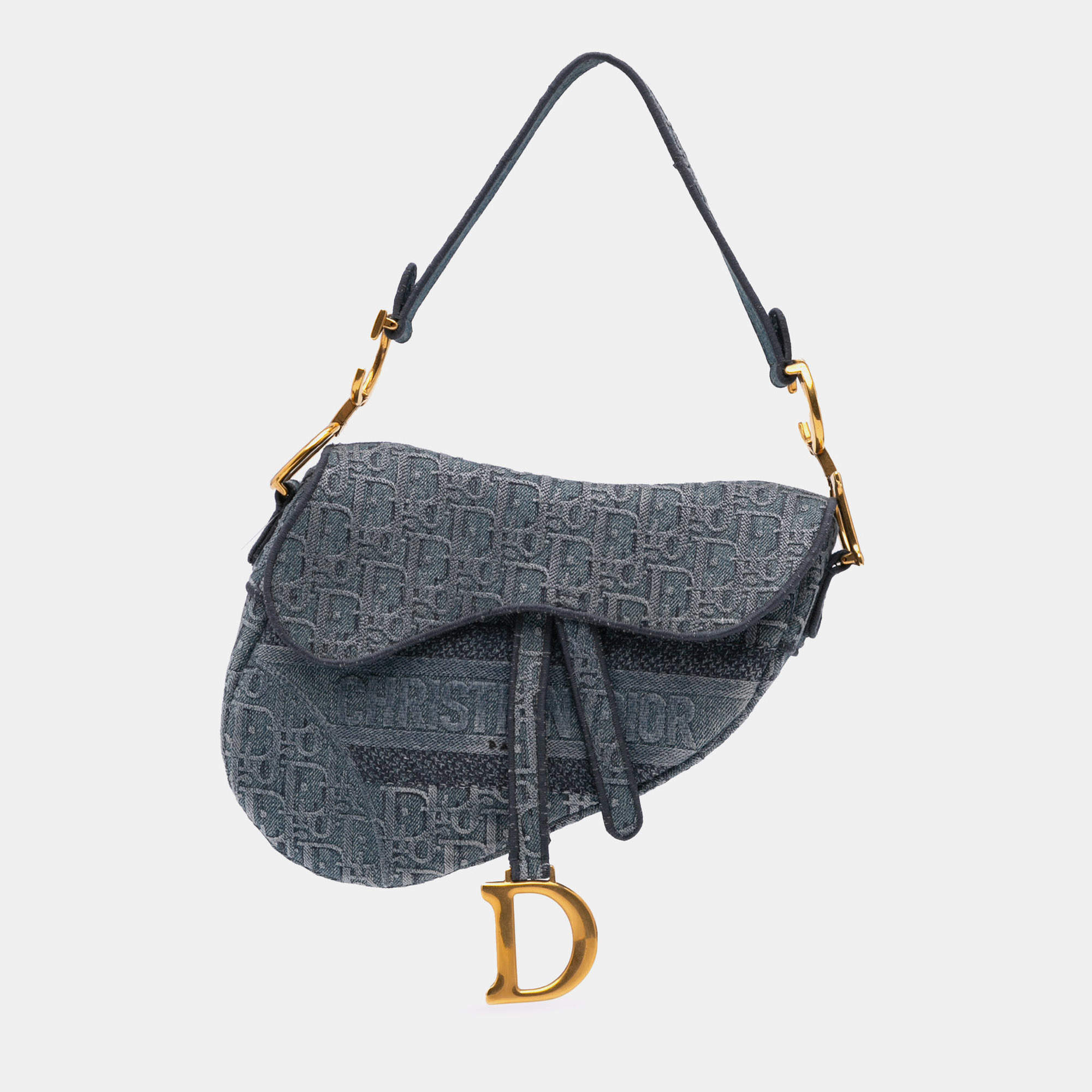 Pre Owned Dior Blue Embroidered Oblique Denim Saddle Bag