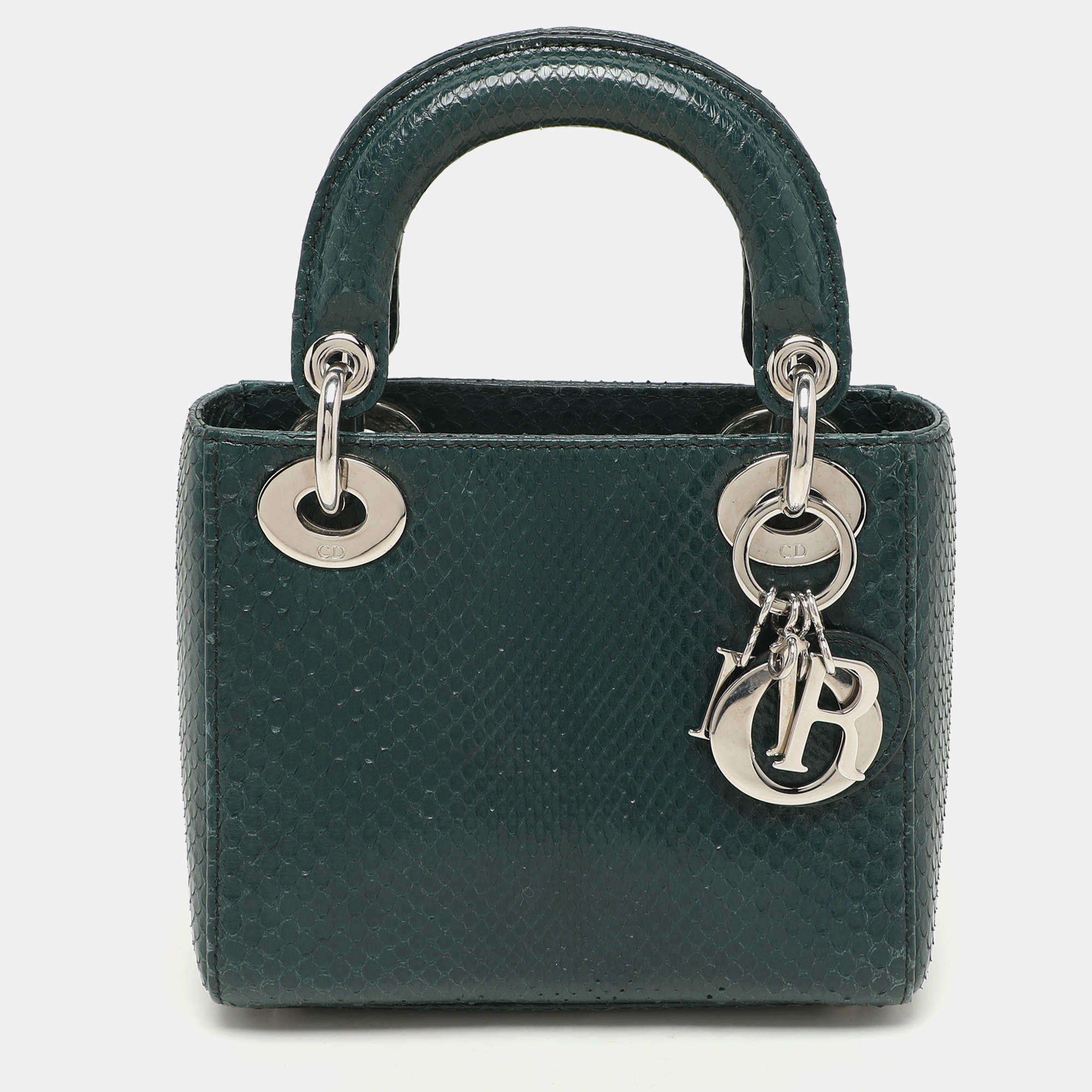 Pre Owned Dior Green Python Mini Lady Dior Chain Tote