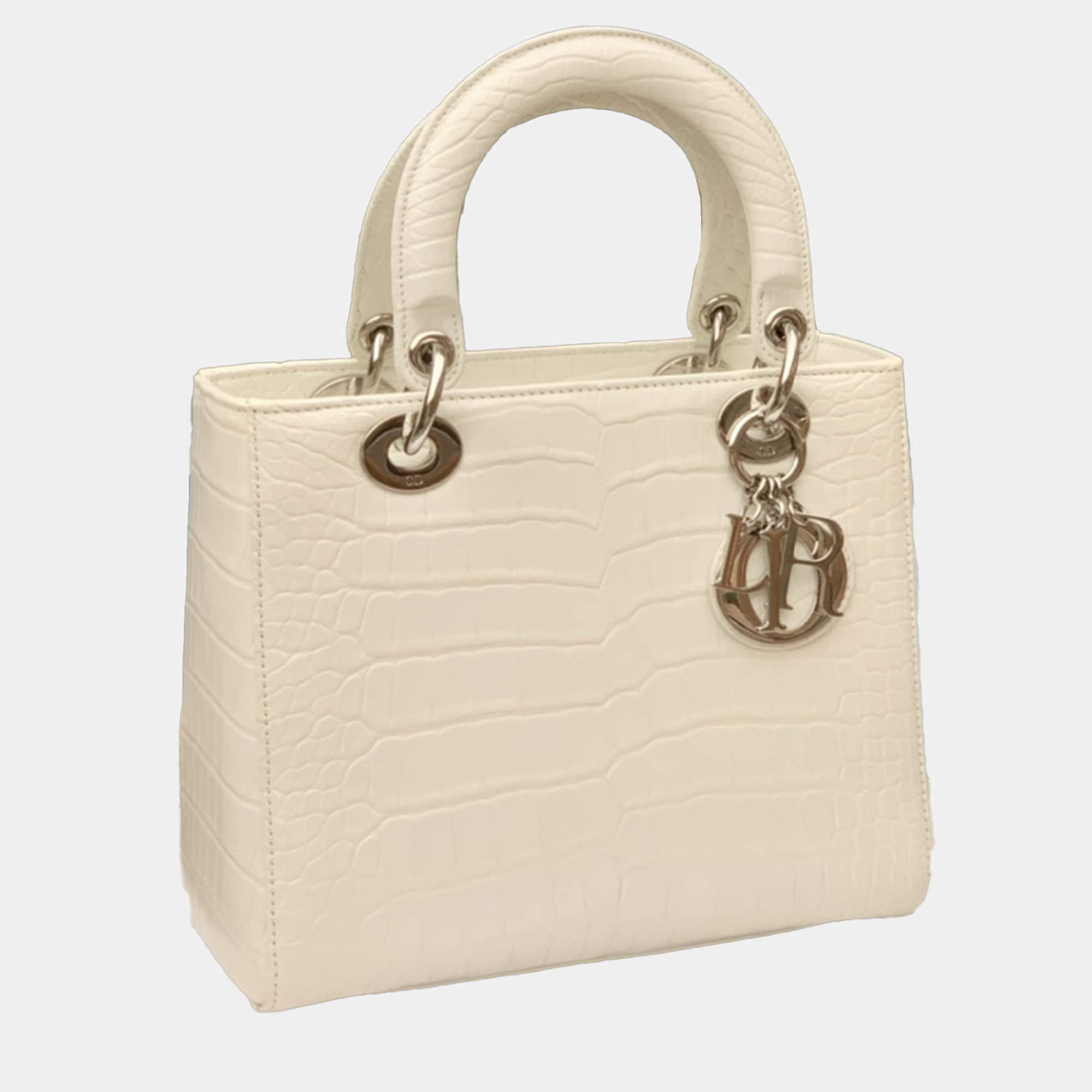 Dior Lady Dior White Crocodile Leather Five Cannage Quilts Medium Bag