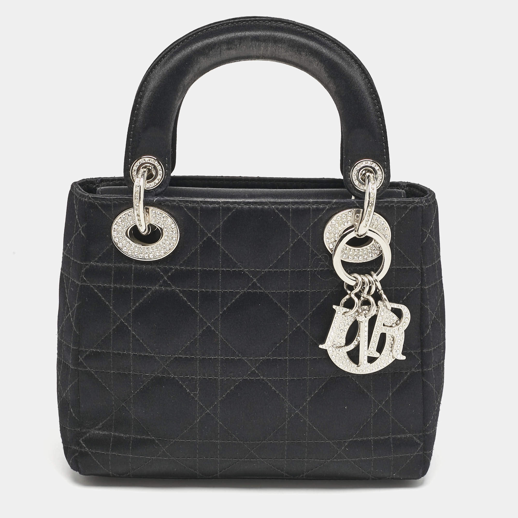 مملوكة مسبقًا Dior Black Cannage Satin Mini Crystals Embellished Lady Dior Tote